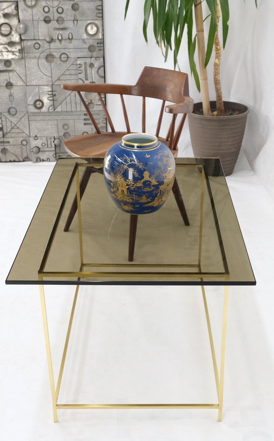 Square Solid Brass Bar Profile Base Rectangle Smoked Glass Top Coffee Side Table For Sale 3