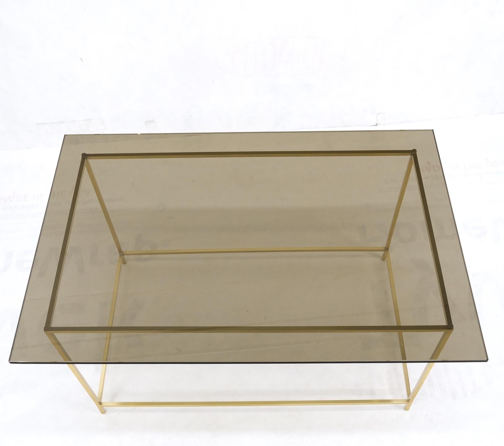 Square Solid Brass Bar Profile Base Rectangle Smoked Glass Top Coffee Side Table For Sale 6
