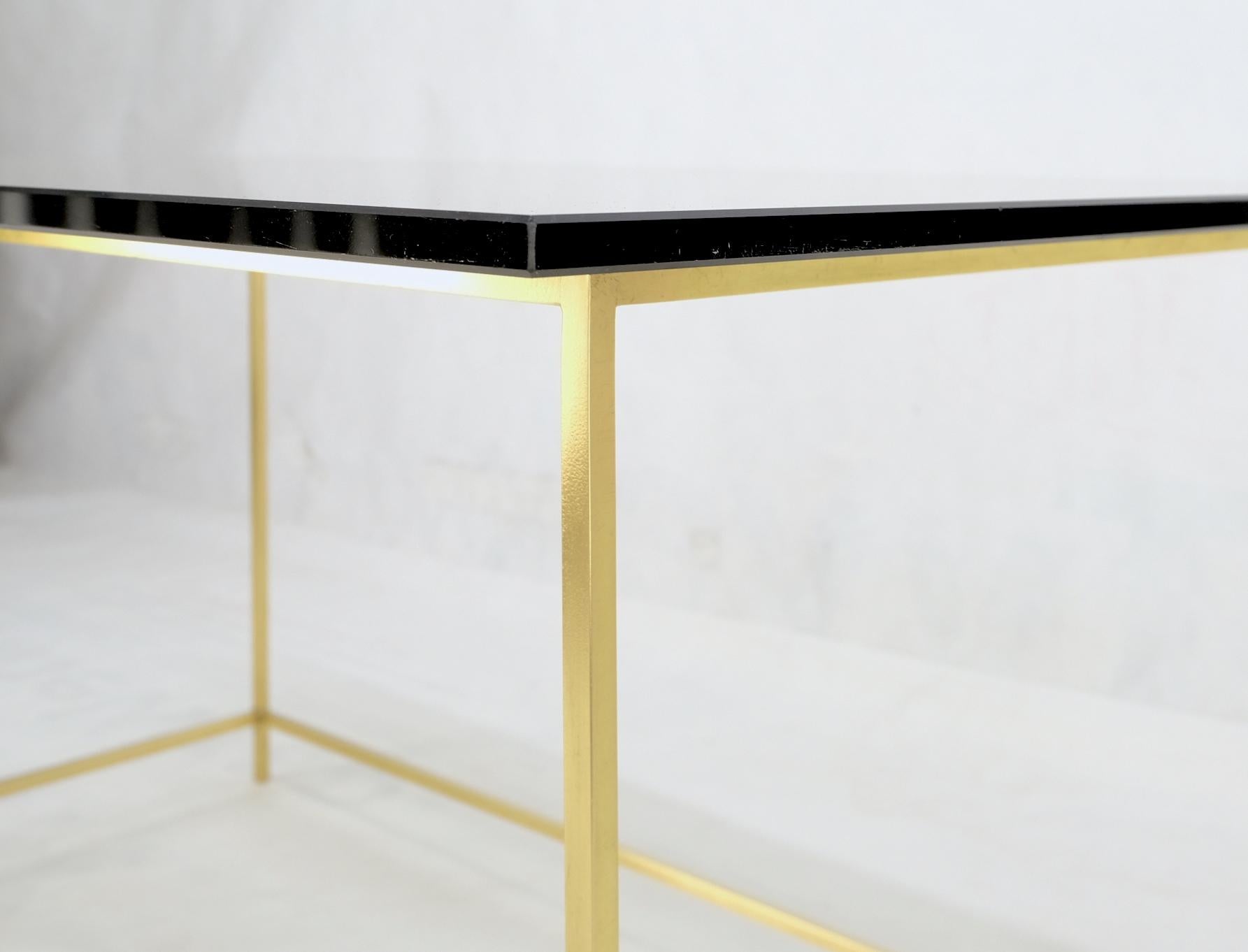 American Square Solid Brass Bar Profile Base Rectangle Smoked Glass Top Coffee Side Table For Sale