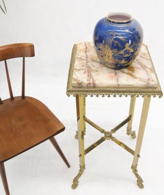 Square Solid Brass Onyx Marble Top Stand Pedestal Hoof Feet X-Stretcher Finial