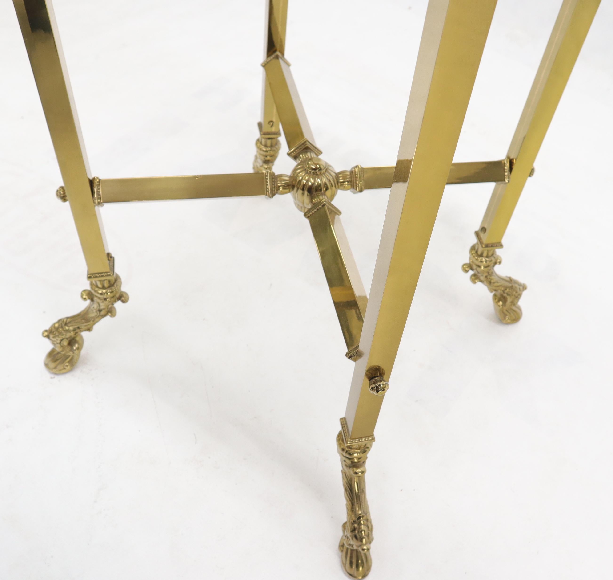 20th Century Square Solid Brass Onyx Marble Top Stand Pedestal Hoof Feet X-Stretcher Finial For Sale