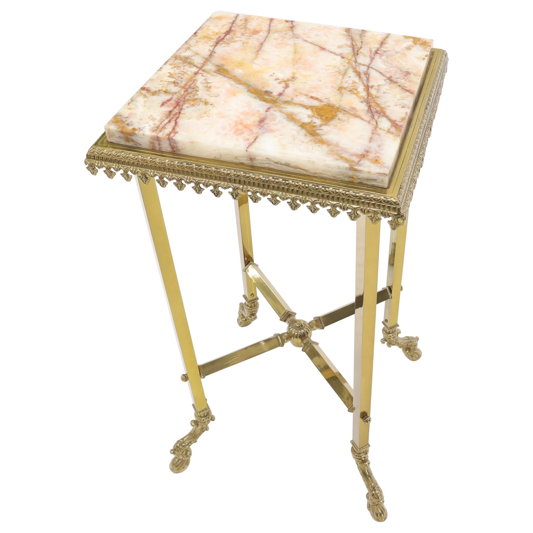 Square Solid Brass Onyx Marble Top Stand Pedestal Hoof Feet X-Stretcher Finial For Sale