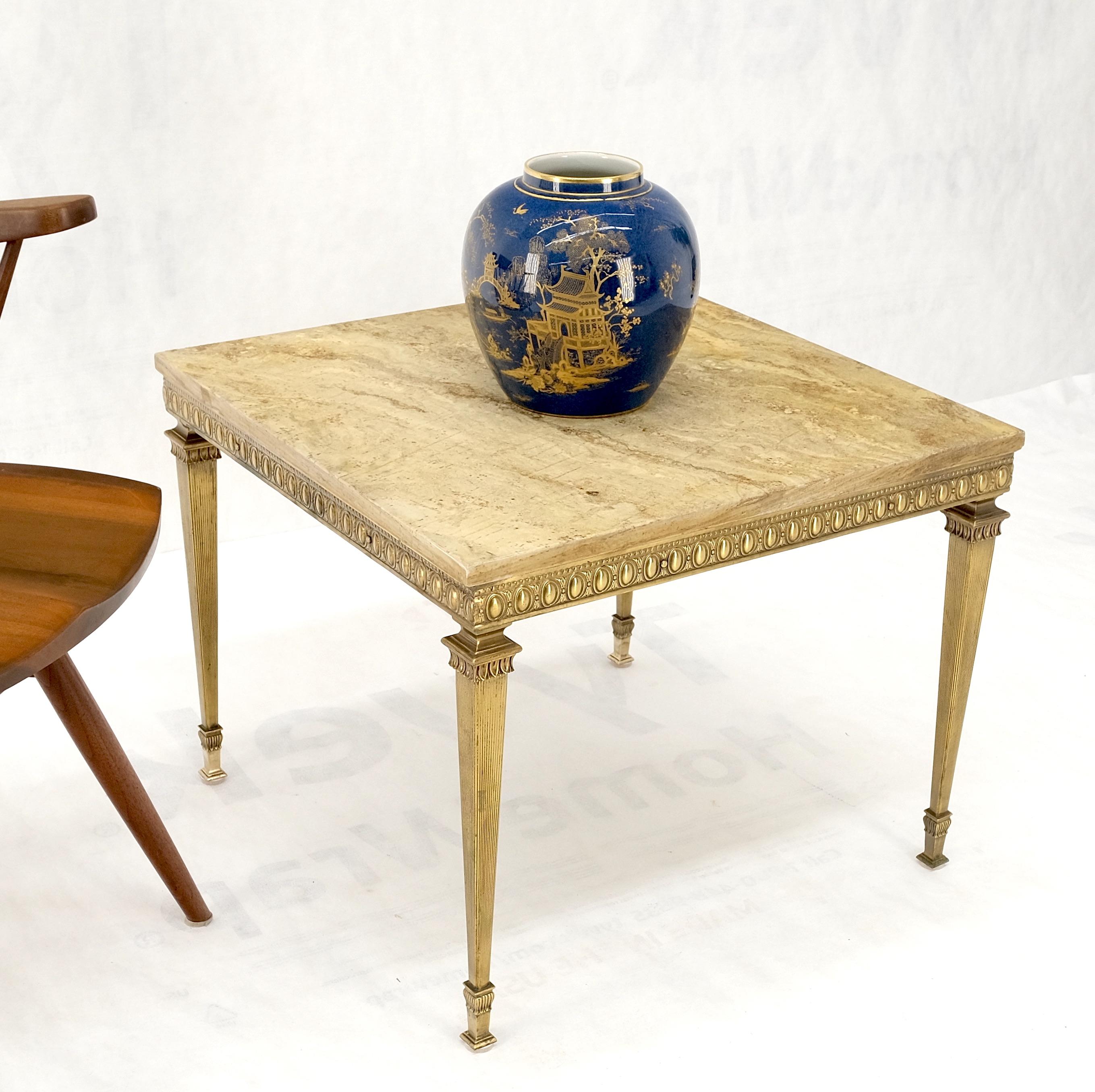Square Solid Brass or Bronze Base Travertine Top Side End Occasional Table MINT! For Sale 4