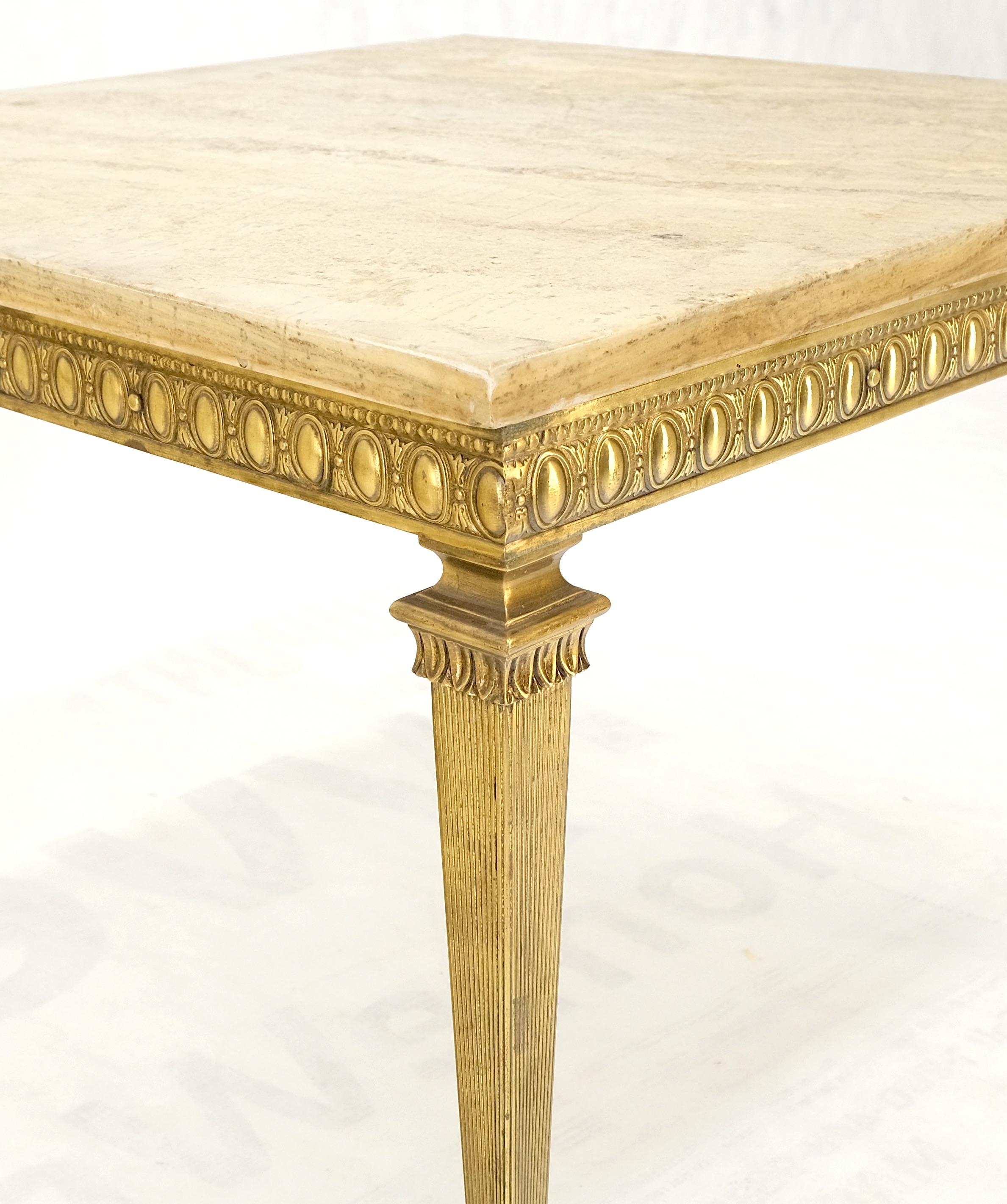 Square Solid Brass or Bronze Base Travertine Top Side End Occasional Table MINT! For Sale 1