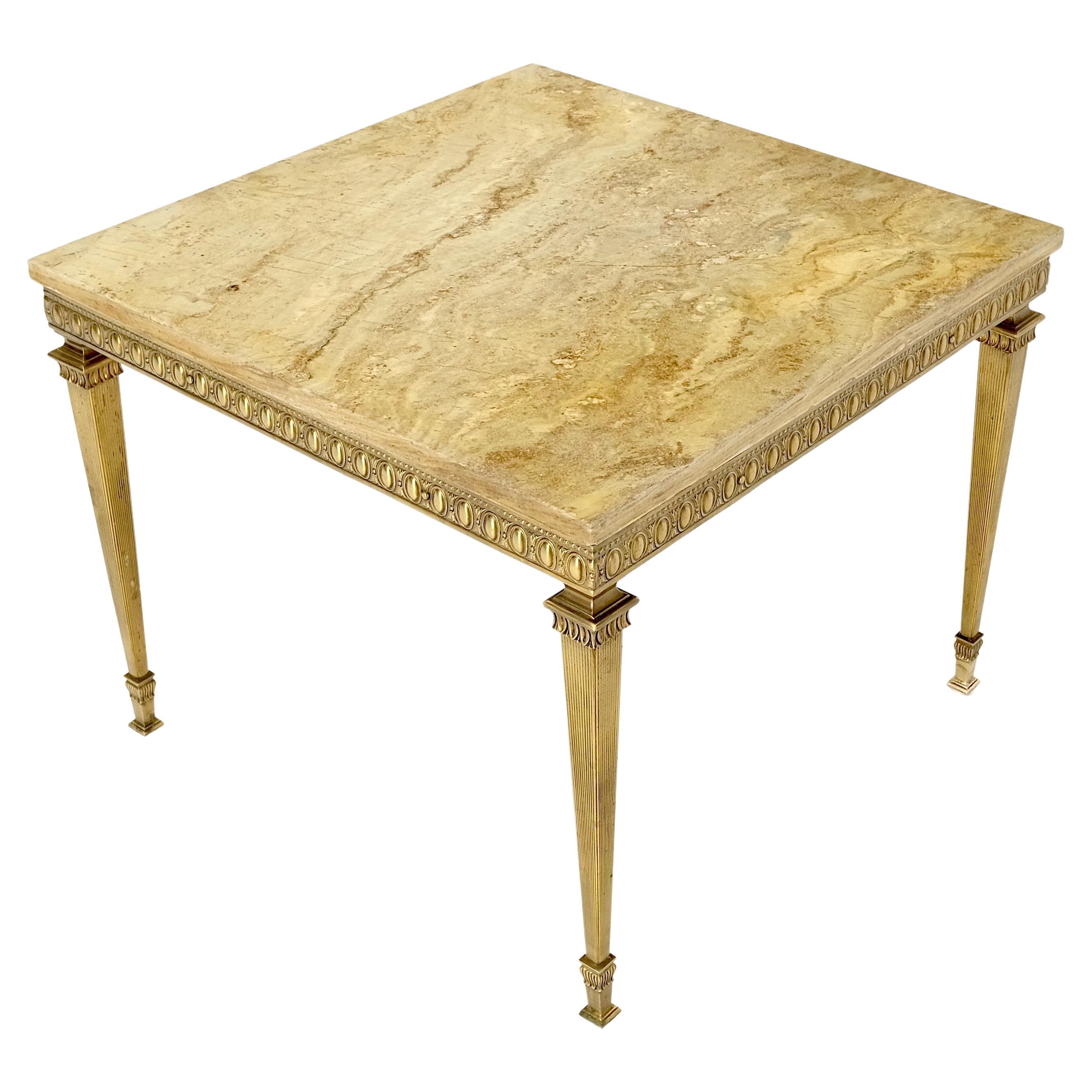 Square Solid Brass or Bronze Base Travertine Top Side End Occasional Table MINT! For Sale