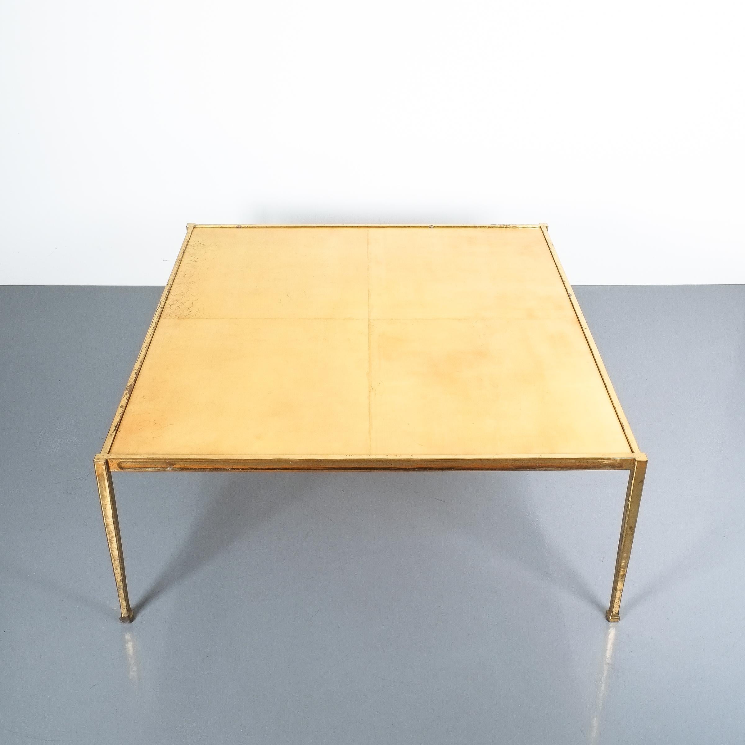 Hollywood Regency Square Solid Brass Parchment Coffee Table, France, 1965 For Sale