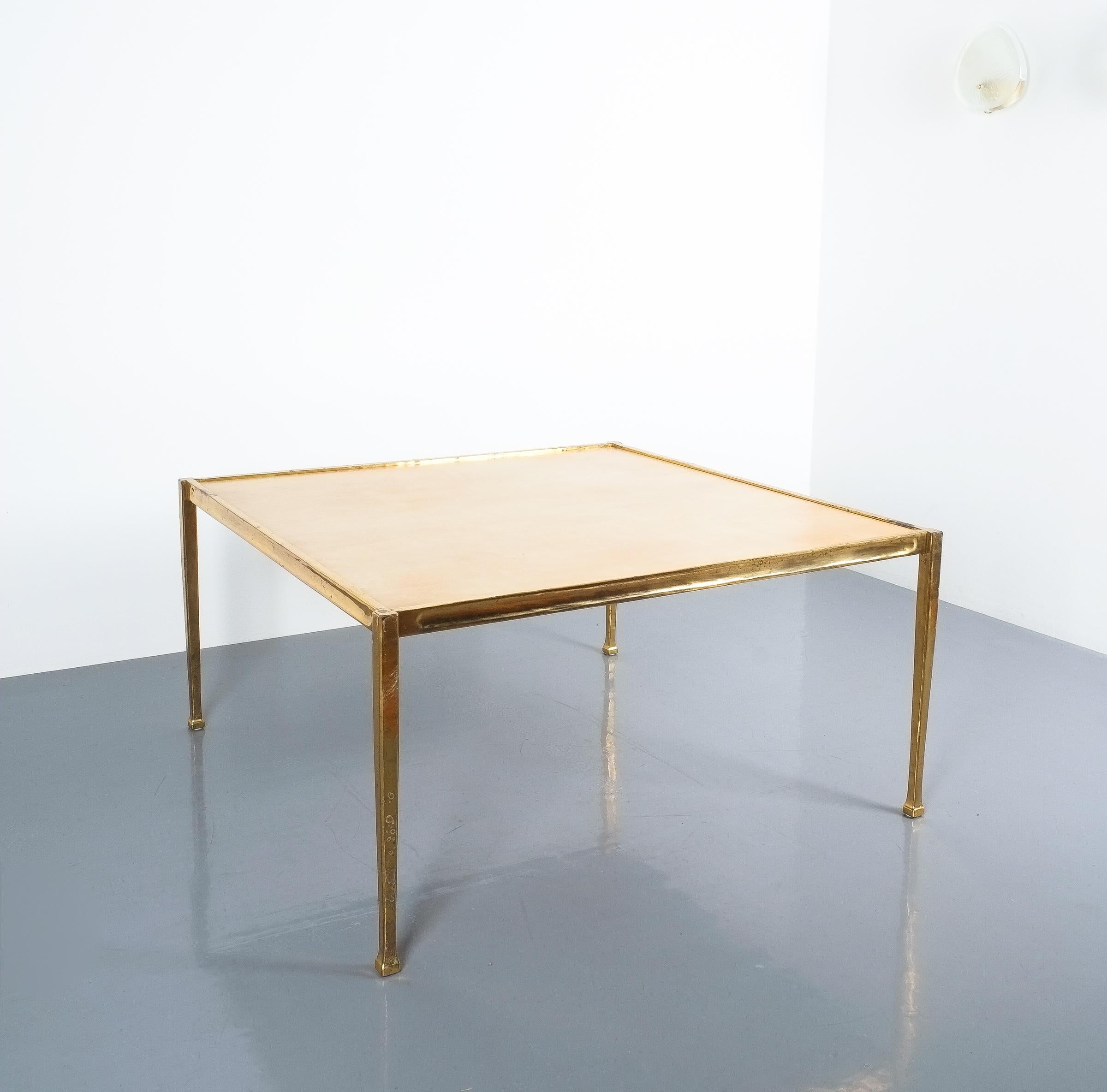 Hollywood Regency Square Solid Brass Parchment Coffee Table, France, 1965 For Sale