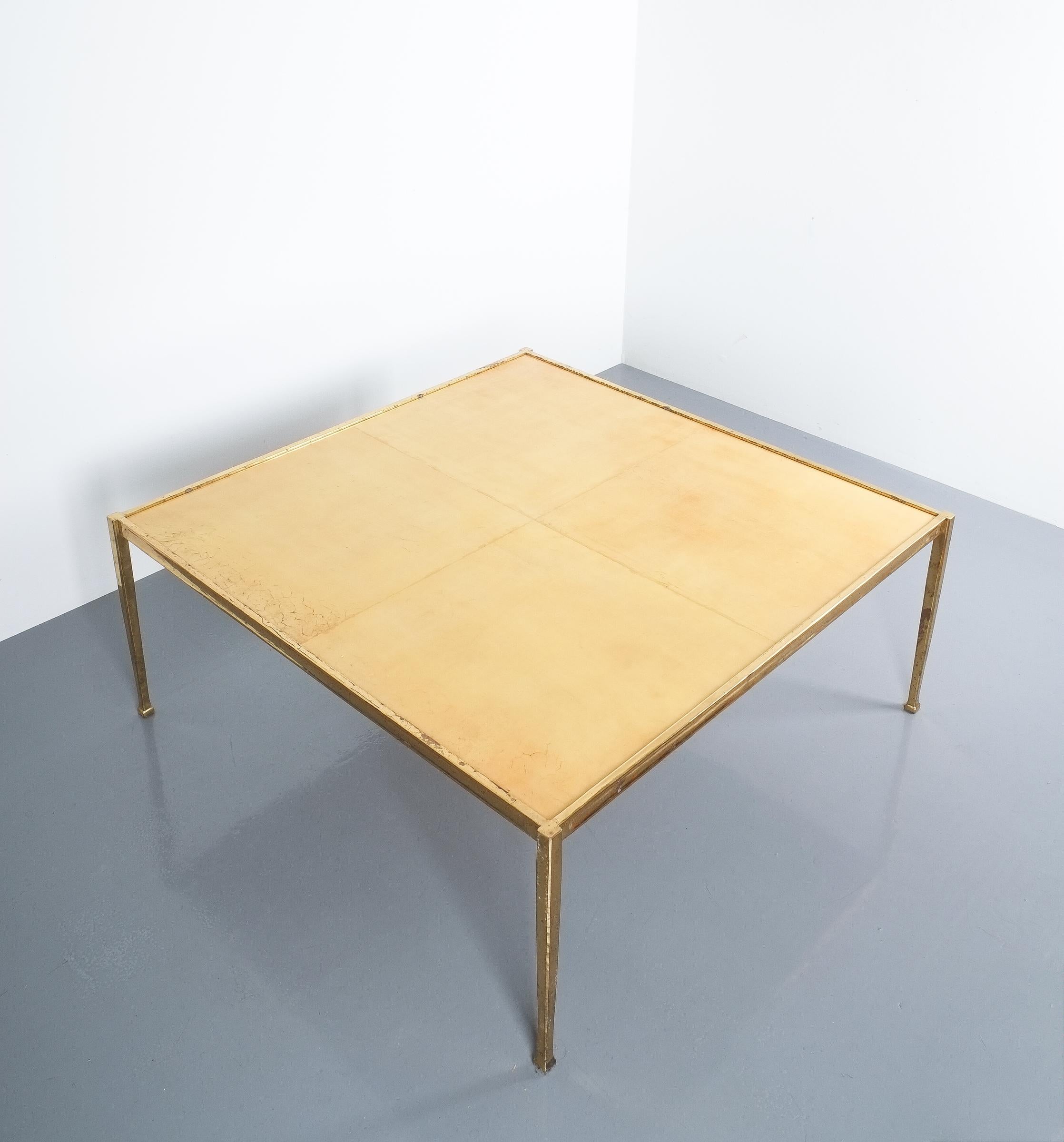 French Square Solid Brass Parchment Coffee Table, France, 1965 For Sale