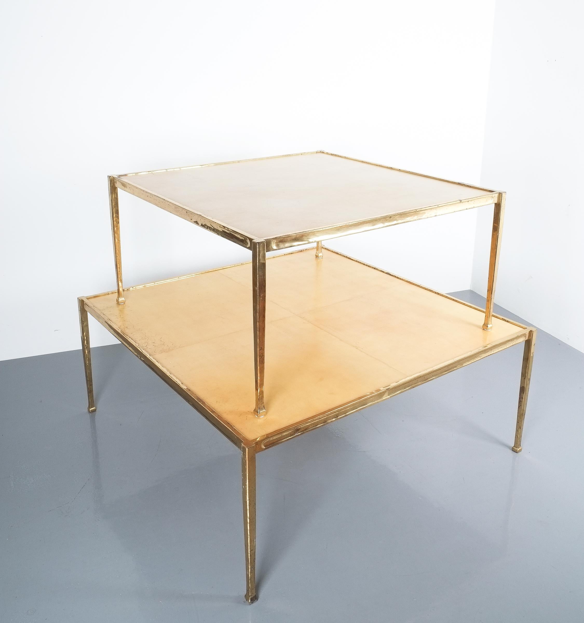 French Square Solid Brass Parchment Coffee Table, France, 1965 For Sale