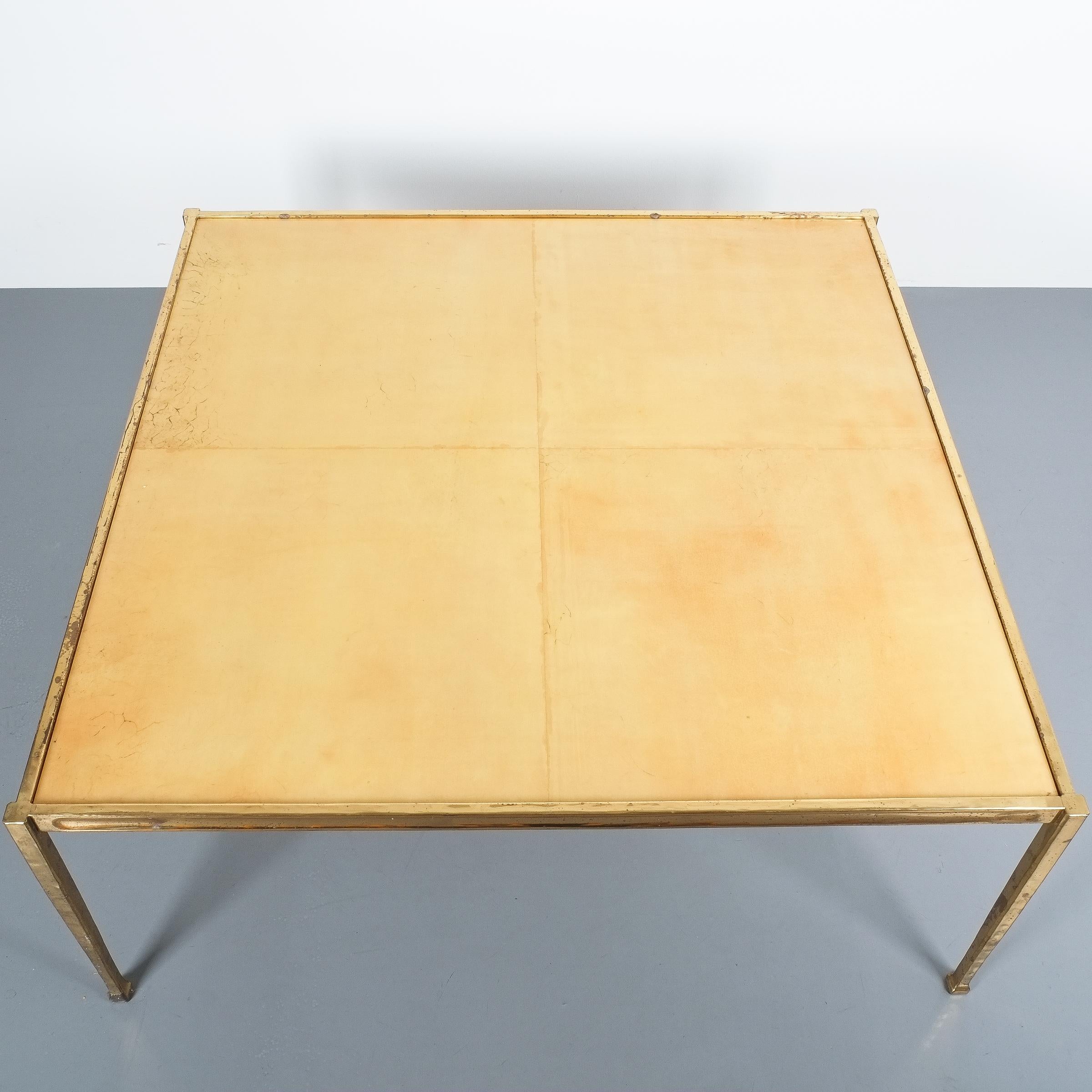 Lacquered Square Solid Brass Parchment Coffee Table, France, 1965 For Sale