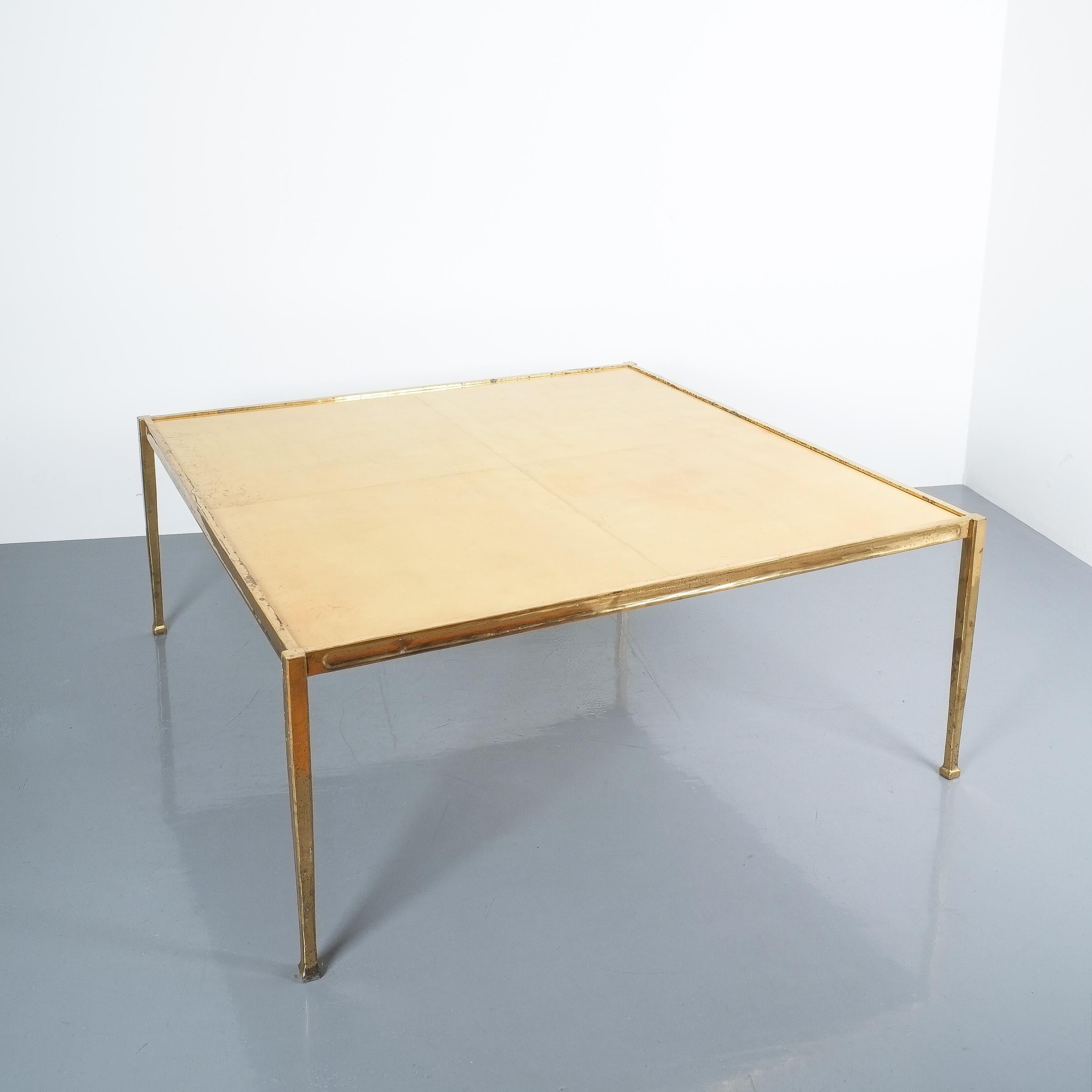 Late 20th Century Square Solid Brass Parchment Coffee Table, France, 1965 For Sale