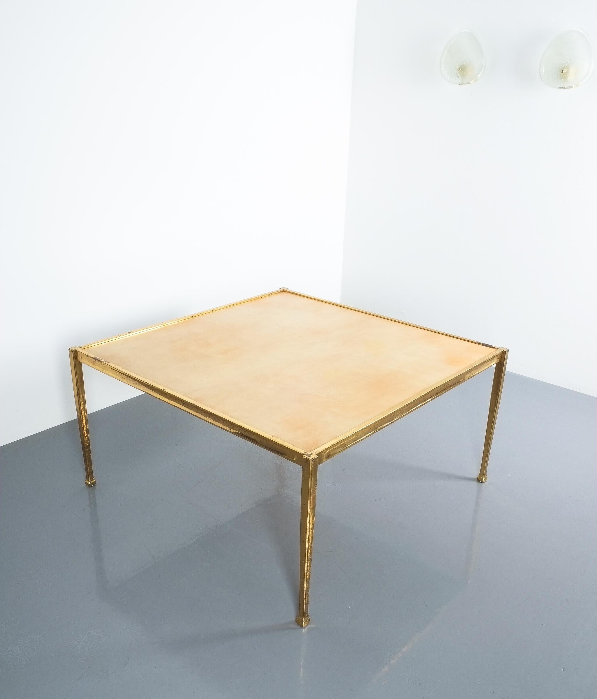 Wood Square Solid Brass Parchment Coffee Table, France, 1965 For Sale