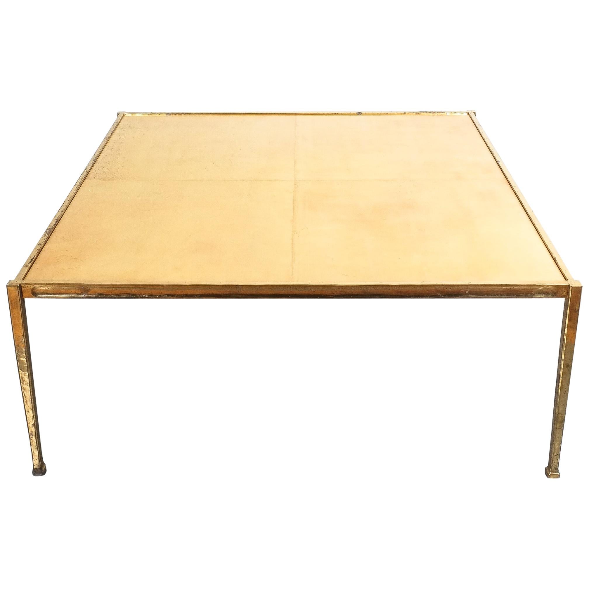Square Solid Brass Parchment Coffee Table, France, 1965 For Sale