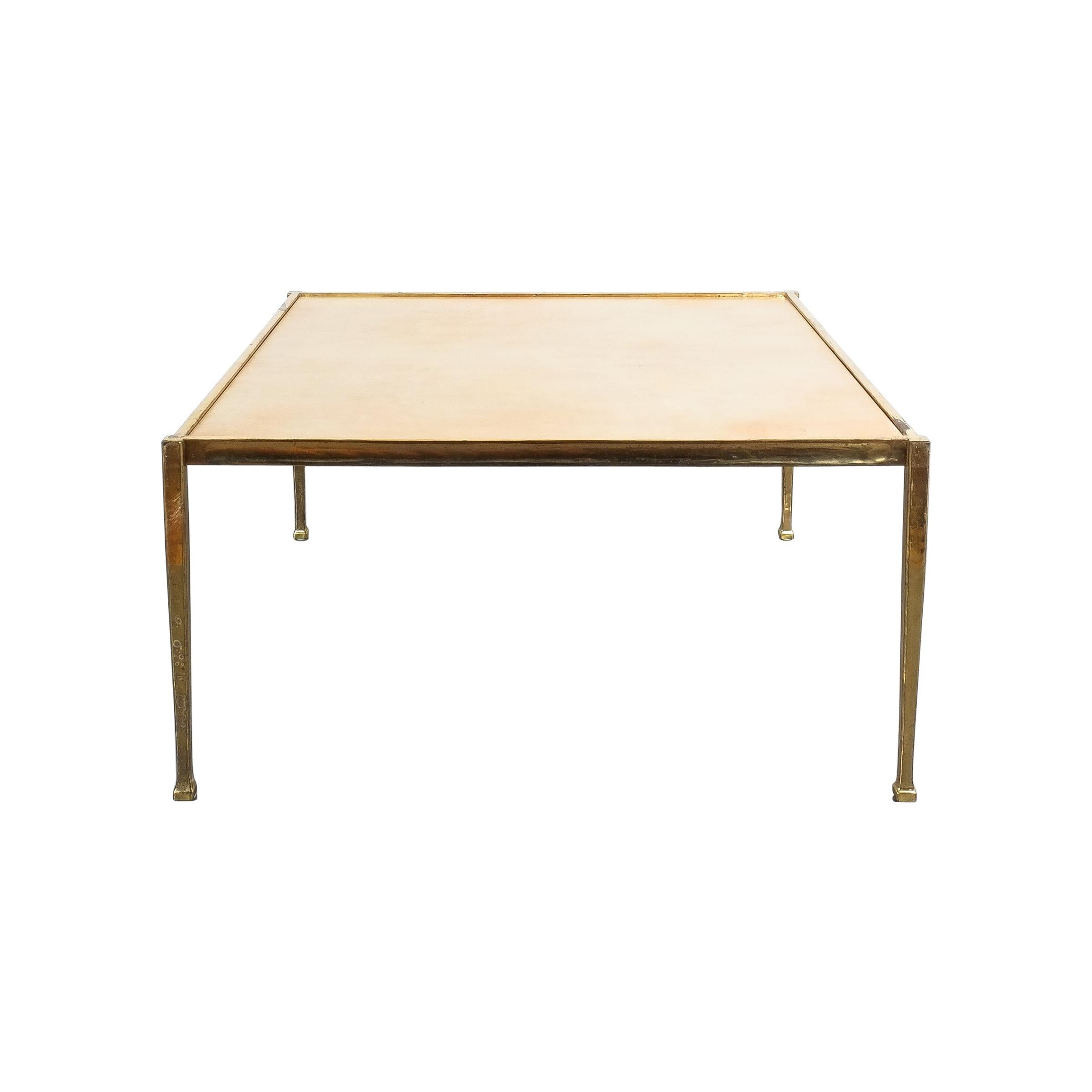 Square Solid Brass Parchment Coffee Table, France, 1965