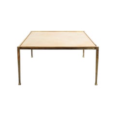 Retro Square Solid Brass Parchment Coffee Table, France, 1965
