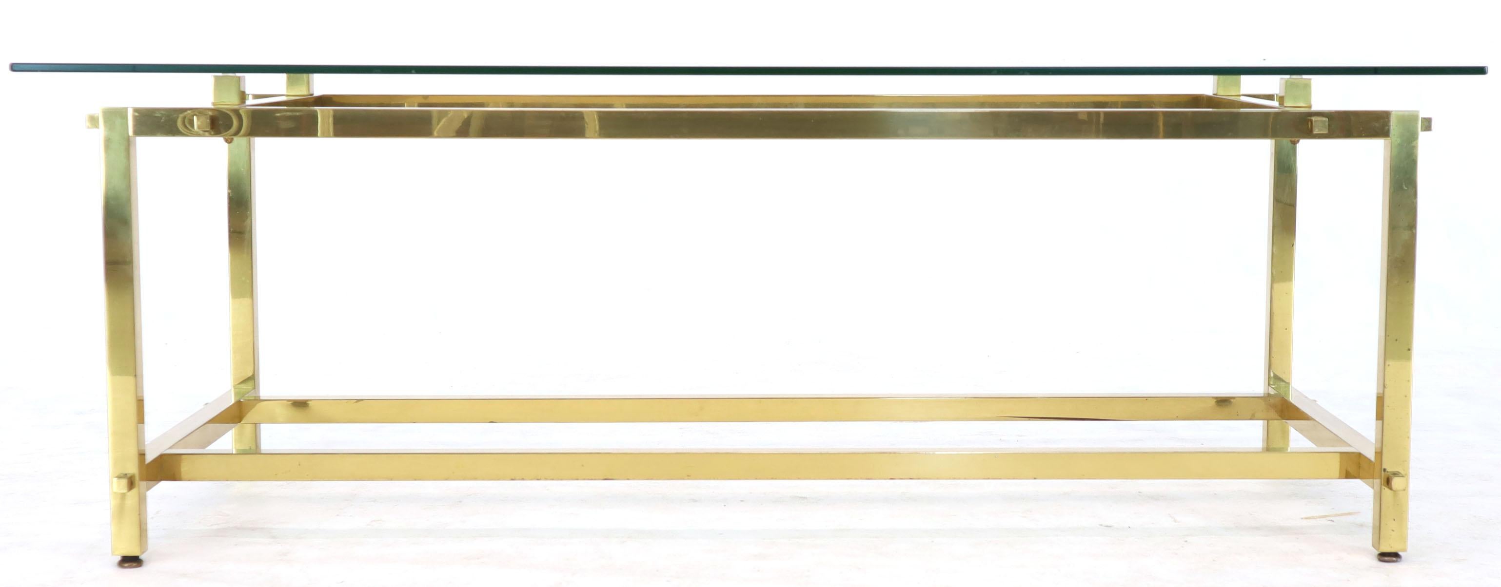 Mid-Century Modern Square Solid Brass Profile Architectural Base Rectangular Coffee Table For Sale