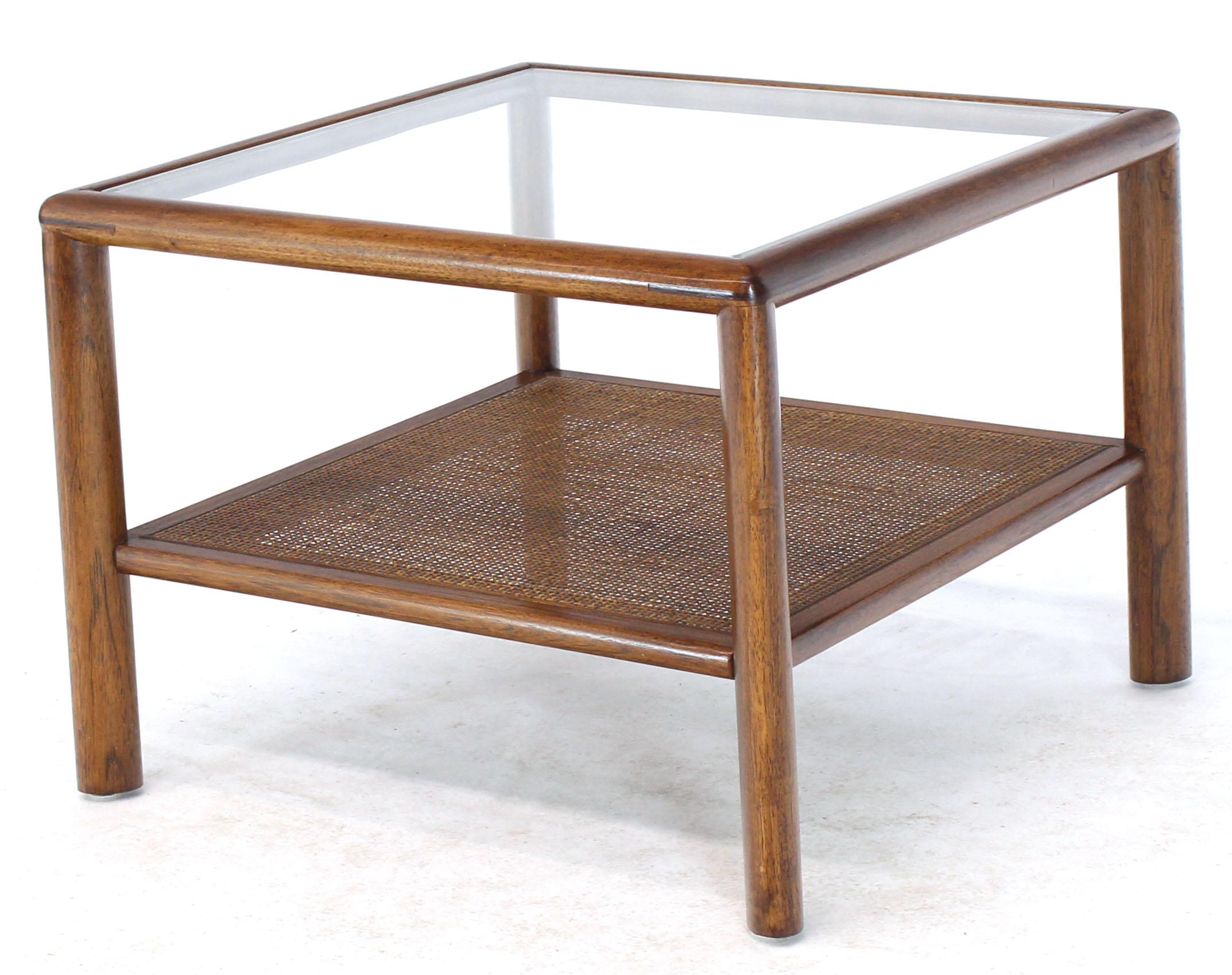 Mid-Century Modern Square Solid Walnut Frame Cane Magazine Shelf Occasional Side Table