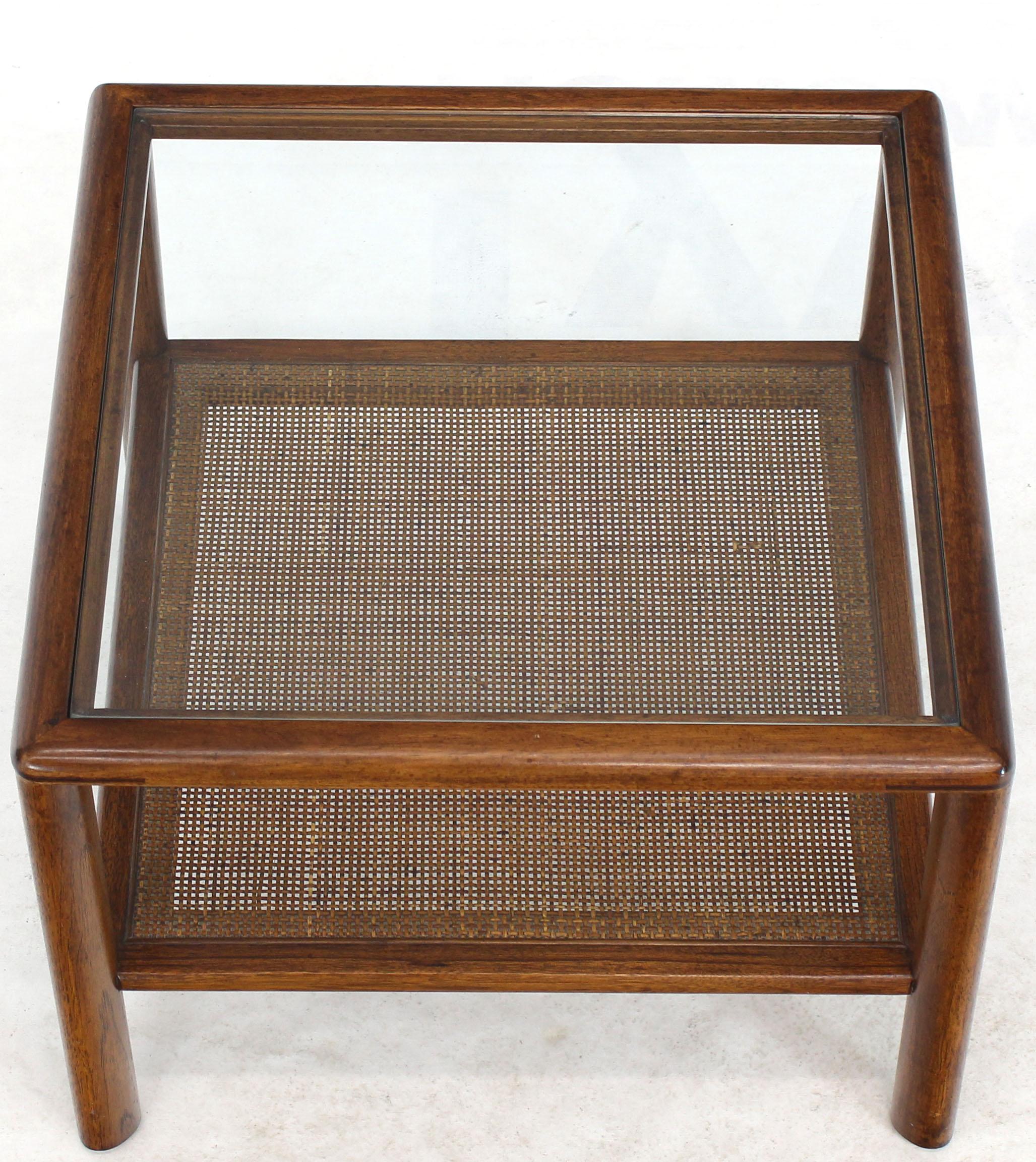 Lacquered Square Solid Walnut Frame Cane Magazine Shelf Occasional Side Table