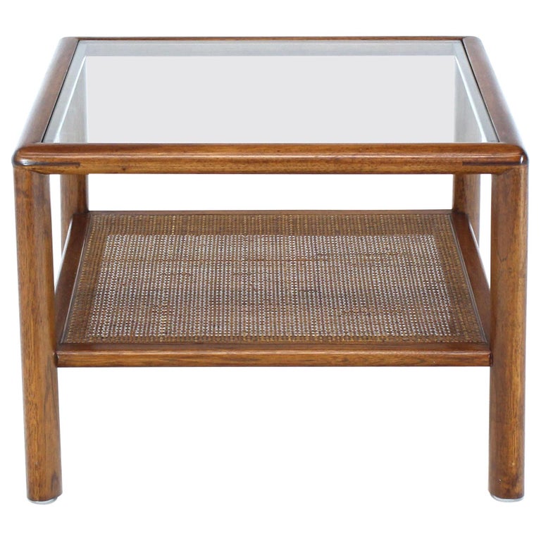Square Solid Walnut Frame Cane Shelf Occasional Side Table
