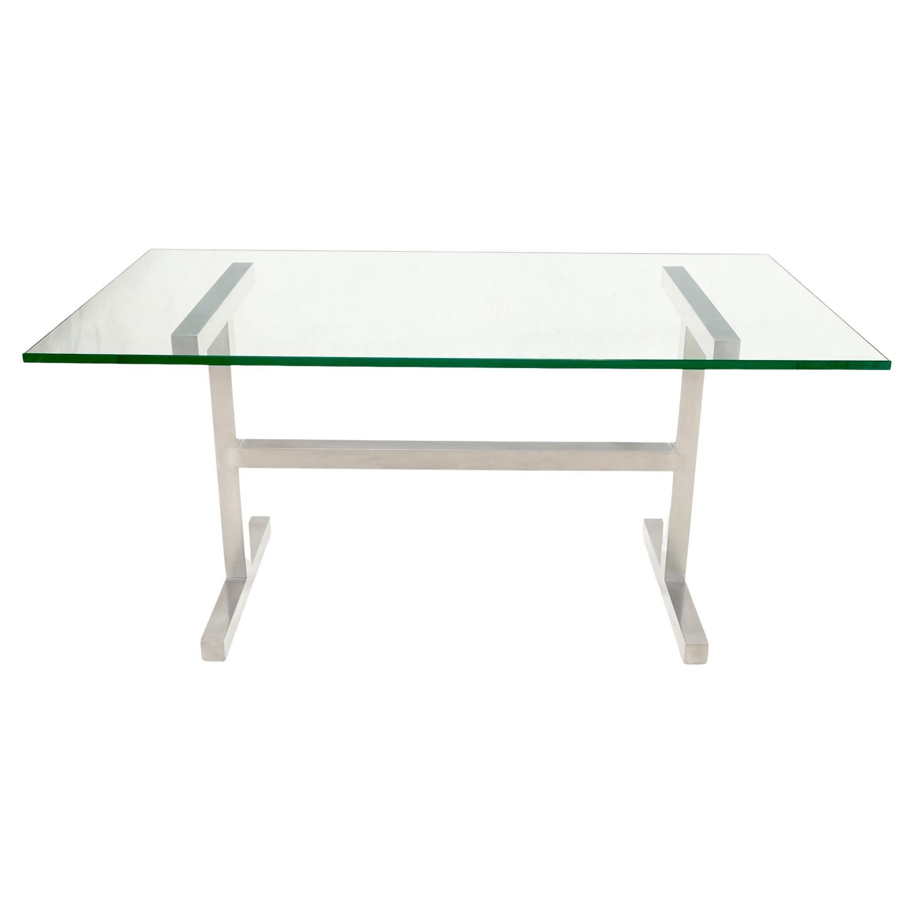 Square Stainless Profile Base Glass Top Dining Writing Work Station Table  For Sale