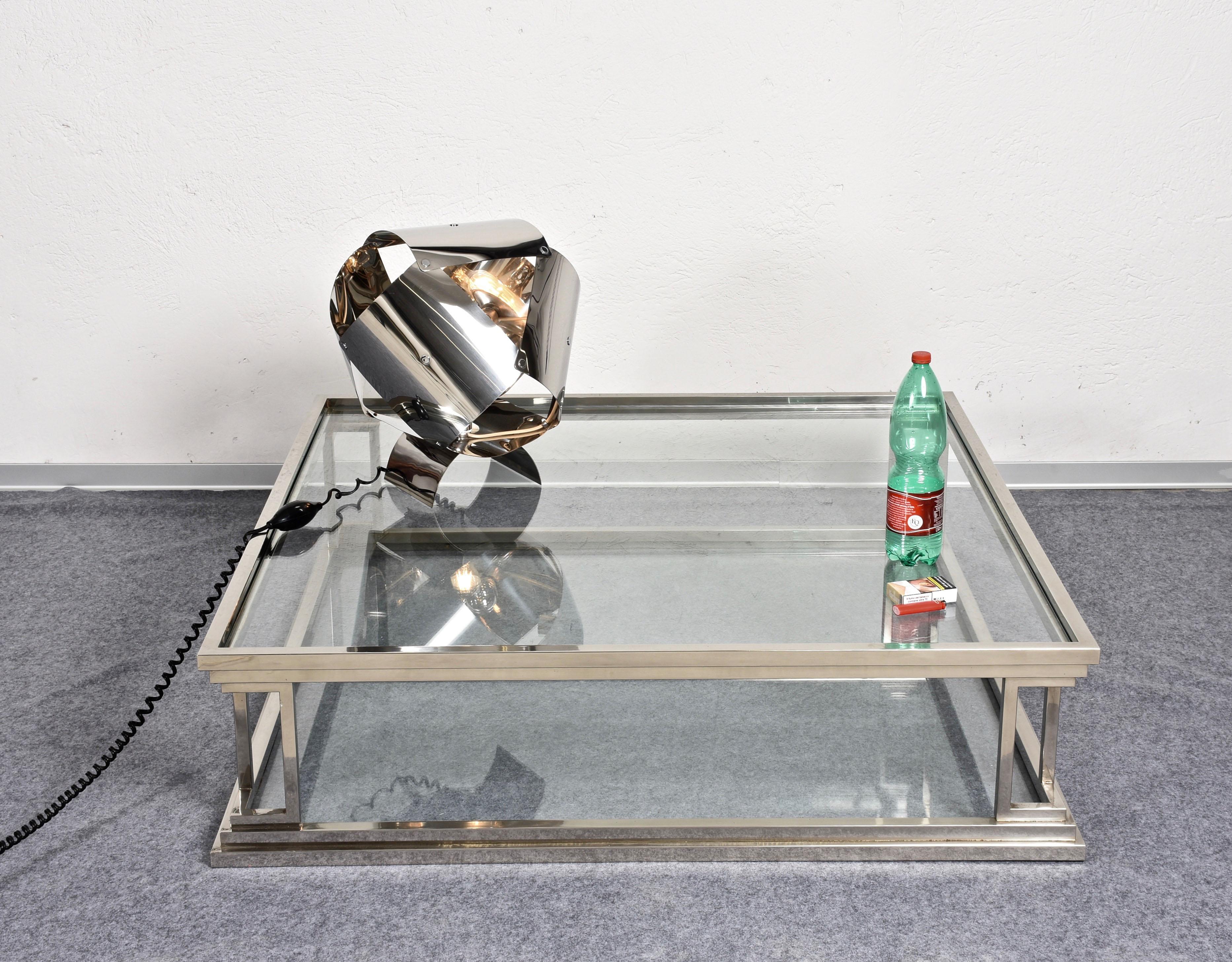 Square Stainless Steel Coffee Table with 2 Levels in Glass, Rega, Italy 1970s 6