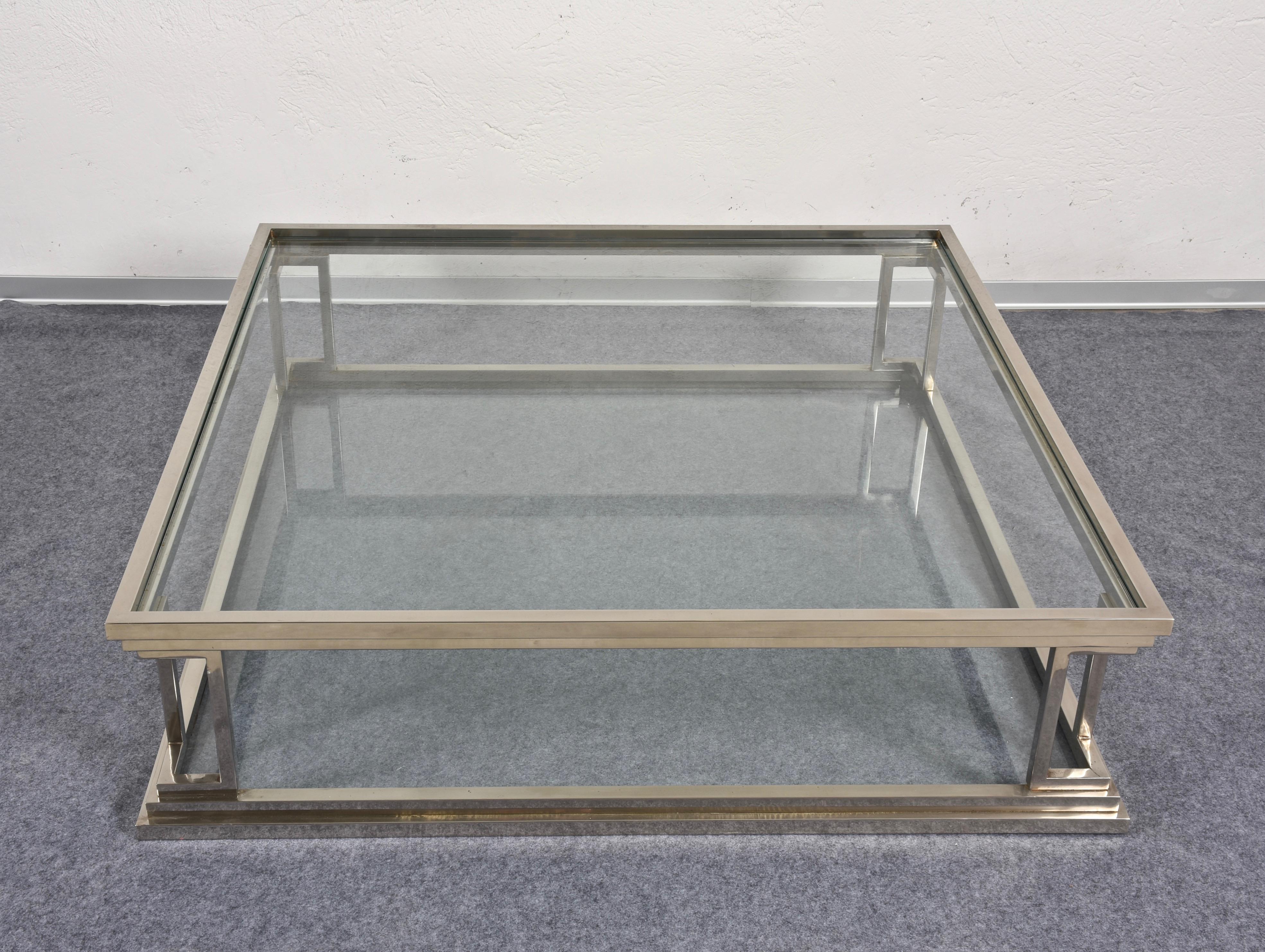 Italian Square Stainless Steel Coffee Table with 2 Levels in Glass, Rega, Italy 1970s