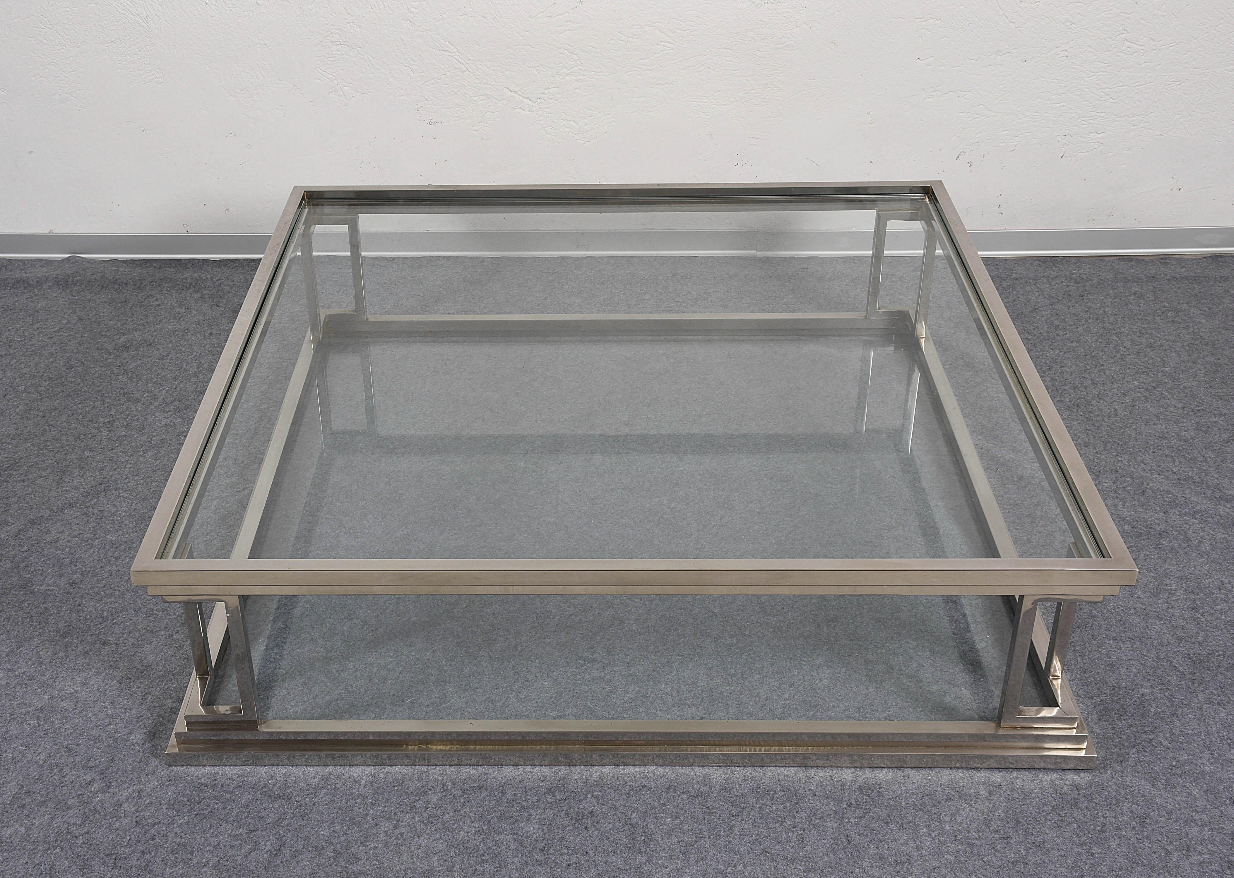 Square Stainless Steel Coffee Table with 2 Levels in Glass, Rega, Italy 1970s In Good Condition In Roma, IT