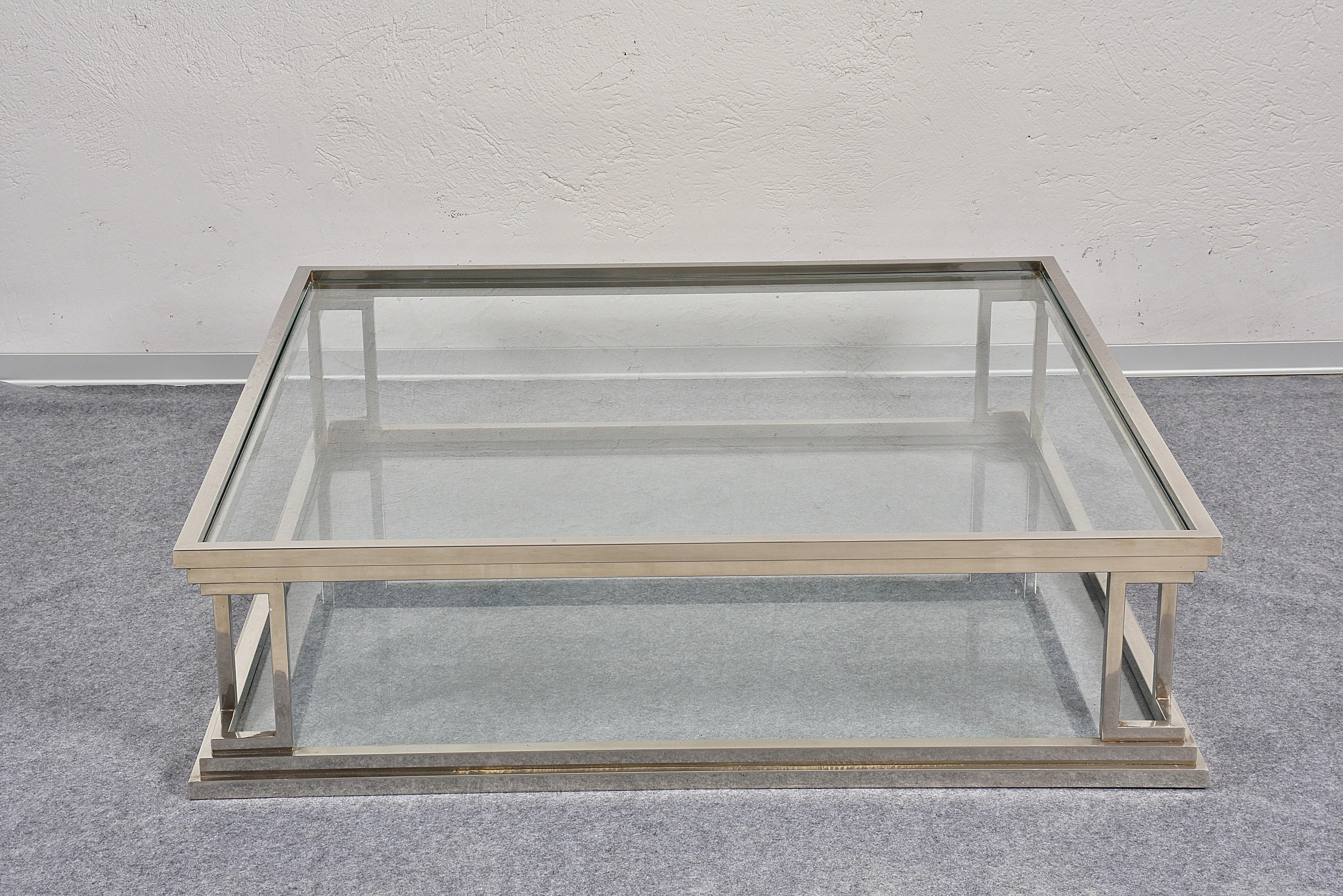 Square Stainless Steel Coffee Table with 2 Levels in Glass, Rega, Italy 1970s 1