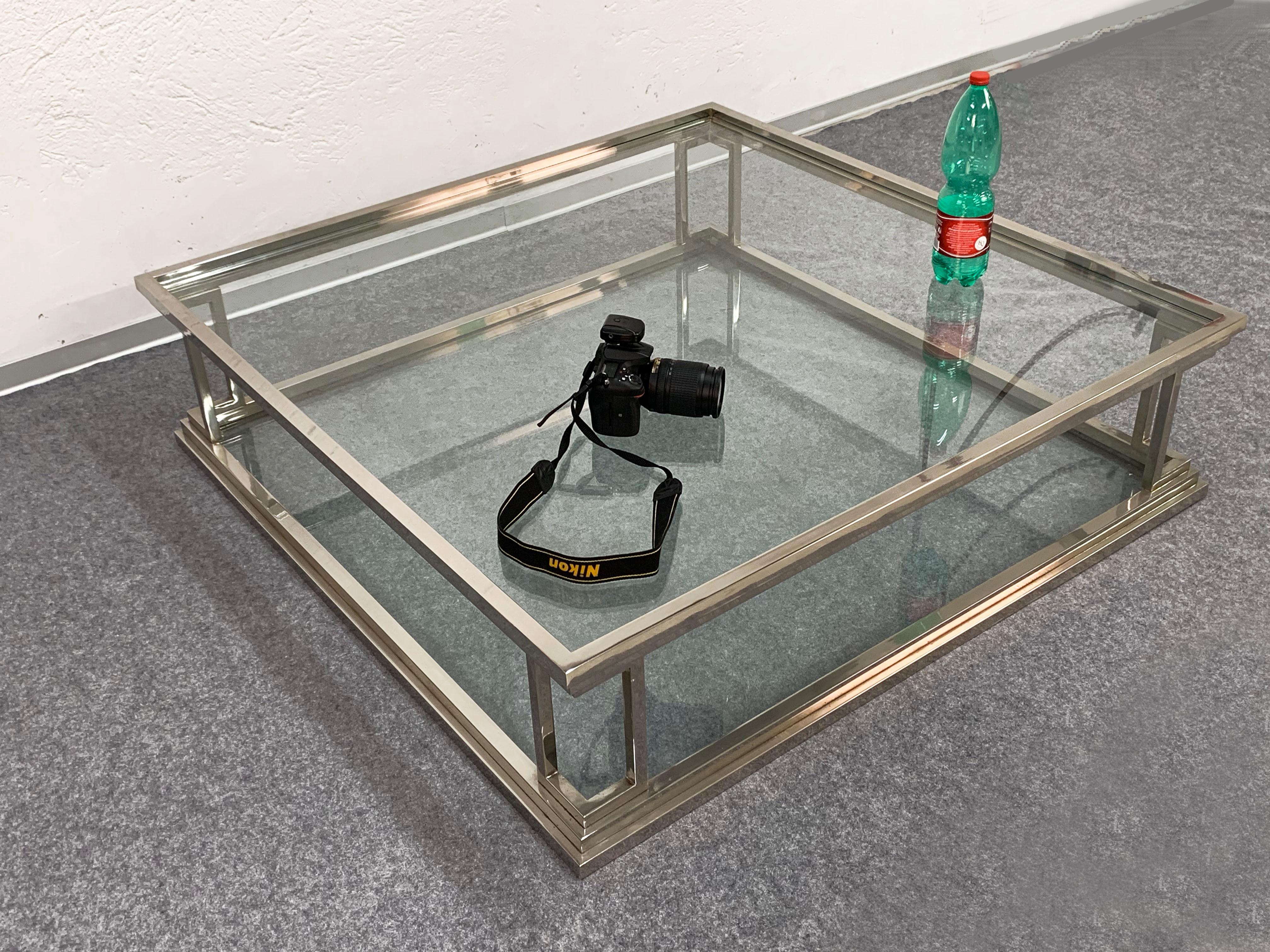 Square Stainless Steel Coffee Table with 2 Levels in Glass, Rega, Italy 1970s 2