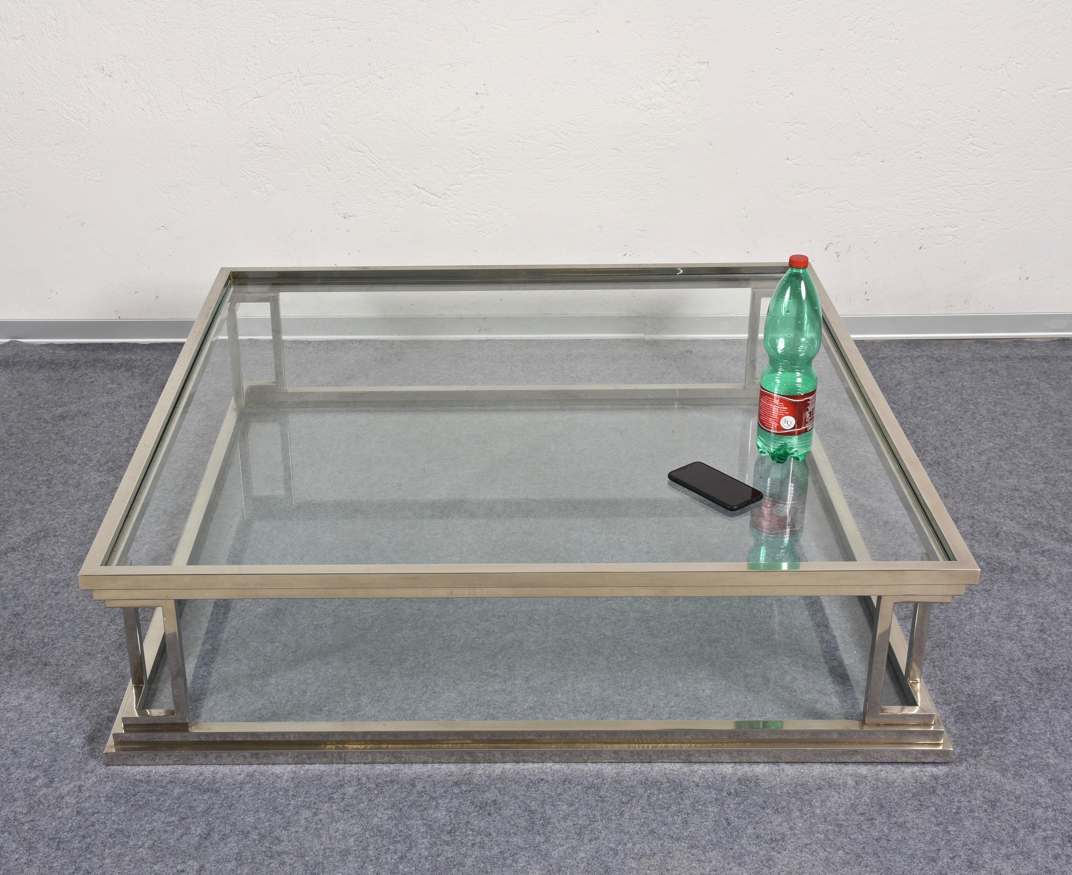 Square Stainless Steel Coffee Table with 2 Levels in Glass, Rega, Italy 1970s 3