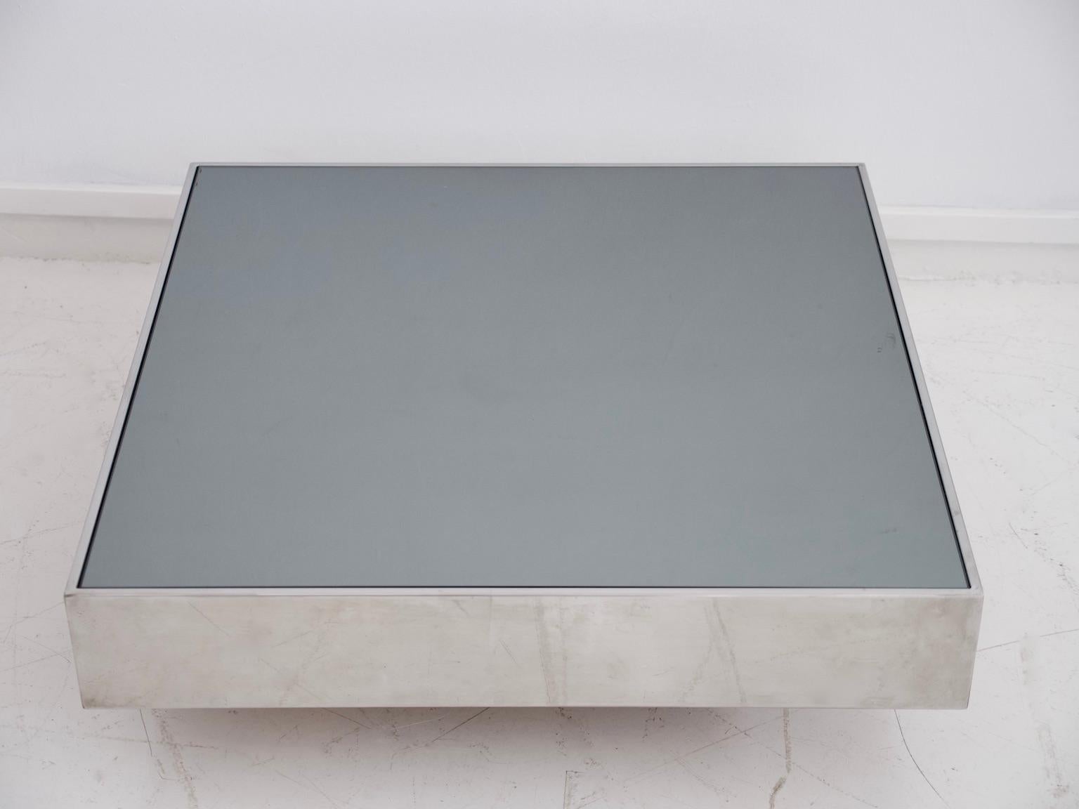 Mid-Century Modern Square Steel and Glass Coffee Table by Willy Rizzo for Cidue