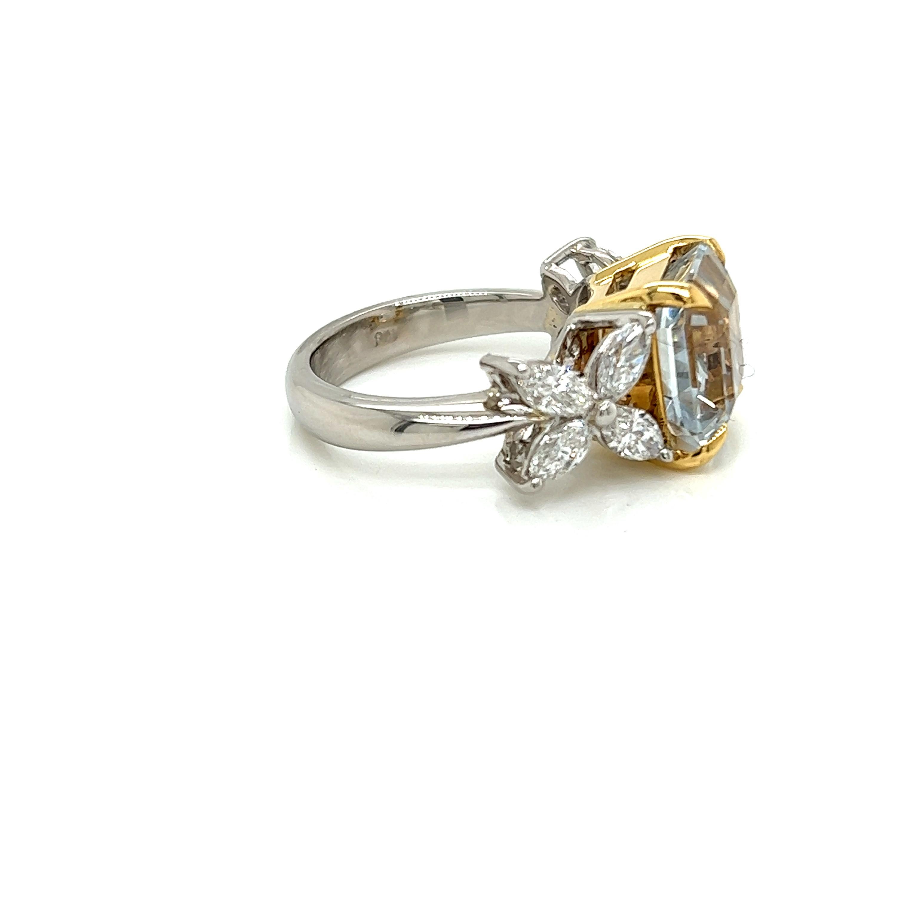 Marquise Cut Square-step Aquamarine and Marquise Diamonds Ring in Platinum and Yellow Gold For Sale