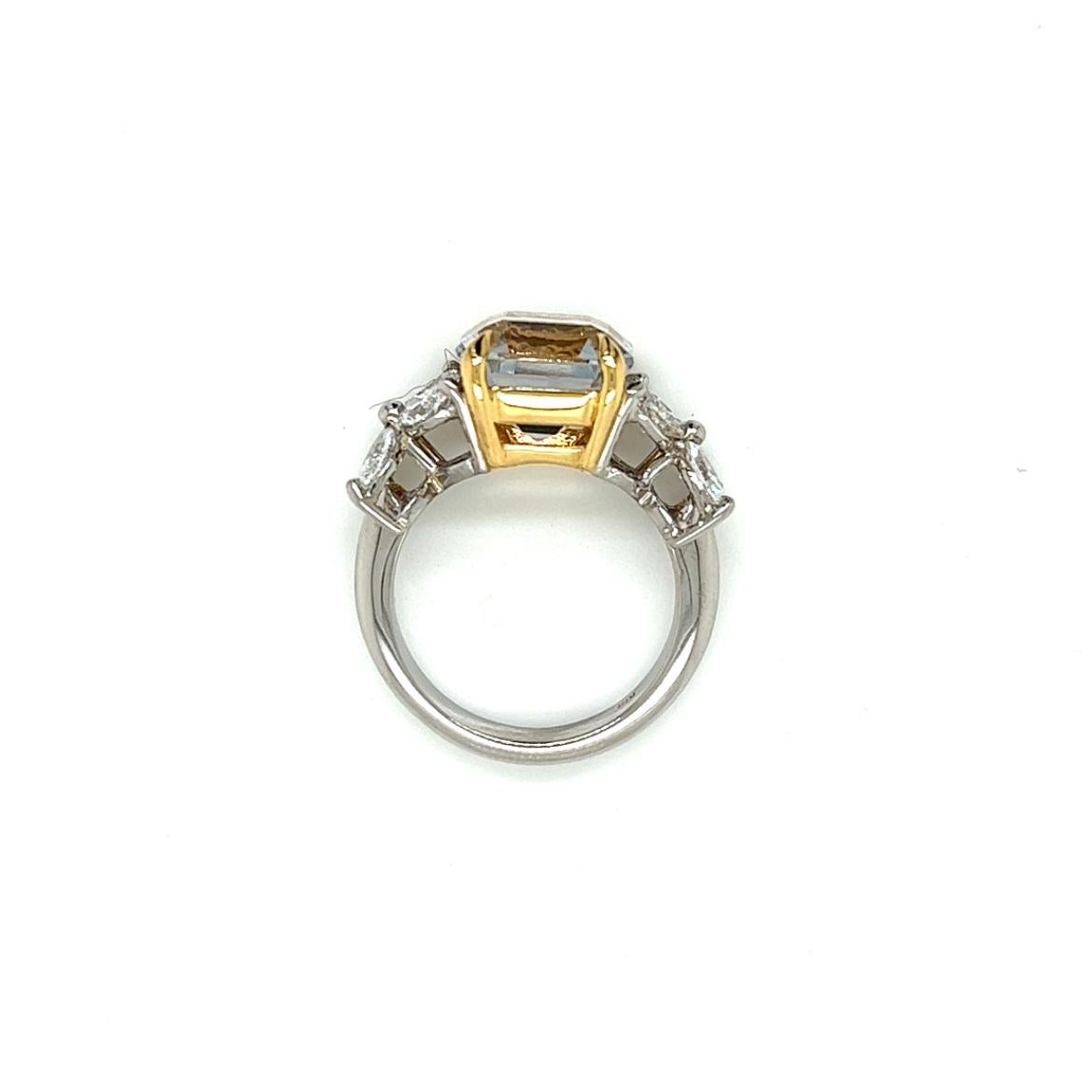 Women's Square-step Aquamarine and Marquise Diamonds Ring in Platinum and Yellow Gold For Sale