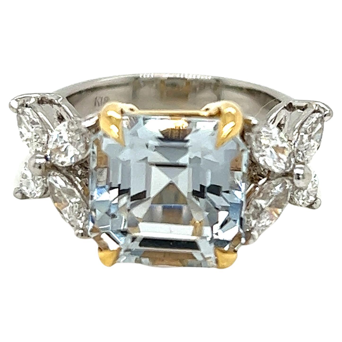 Square-step Aquamarine and Marquise Diamonds Ring in Platinum and Yellow Gold For Sale