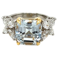 Square-step Aquamarine and Marquise Diamonds Ring in Platinum and Yellow Gold