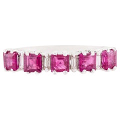Square Step Cut Natural Ruby & Diamond Geometric Eternity Band in 14K White Gold