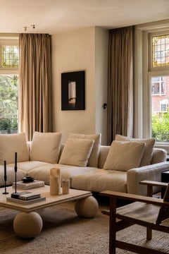 Square Stone Coffee Table with Ball Sphere Base in Cream Portuguese Travertine
