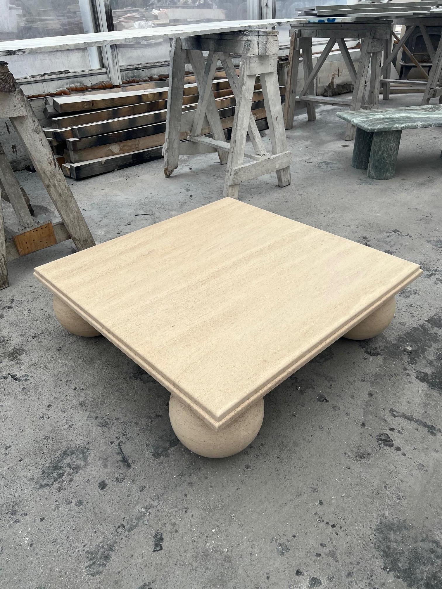 Square Stone Coffee Table with Ball Sphere Base in Cream Portuguese Travertine In New Condition For Sale In AMSTERDAM, NL