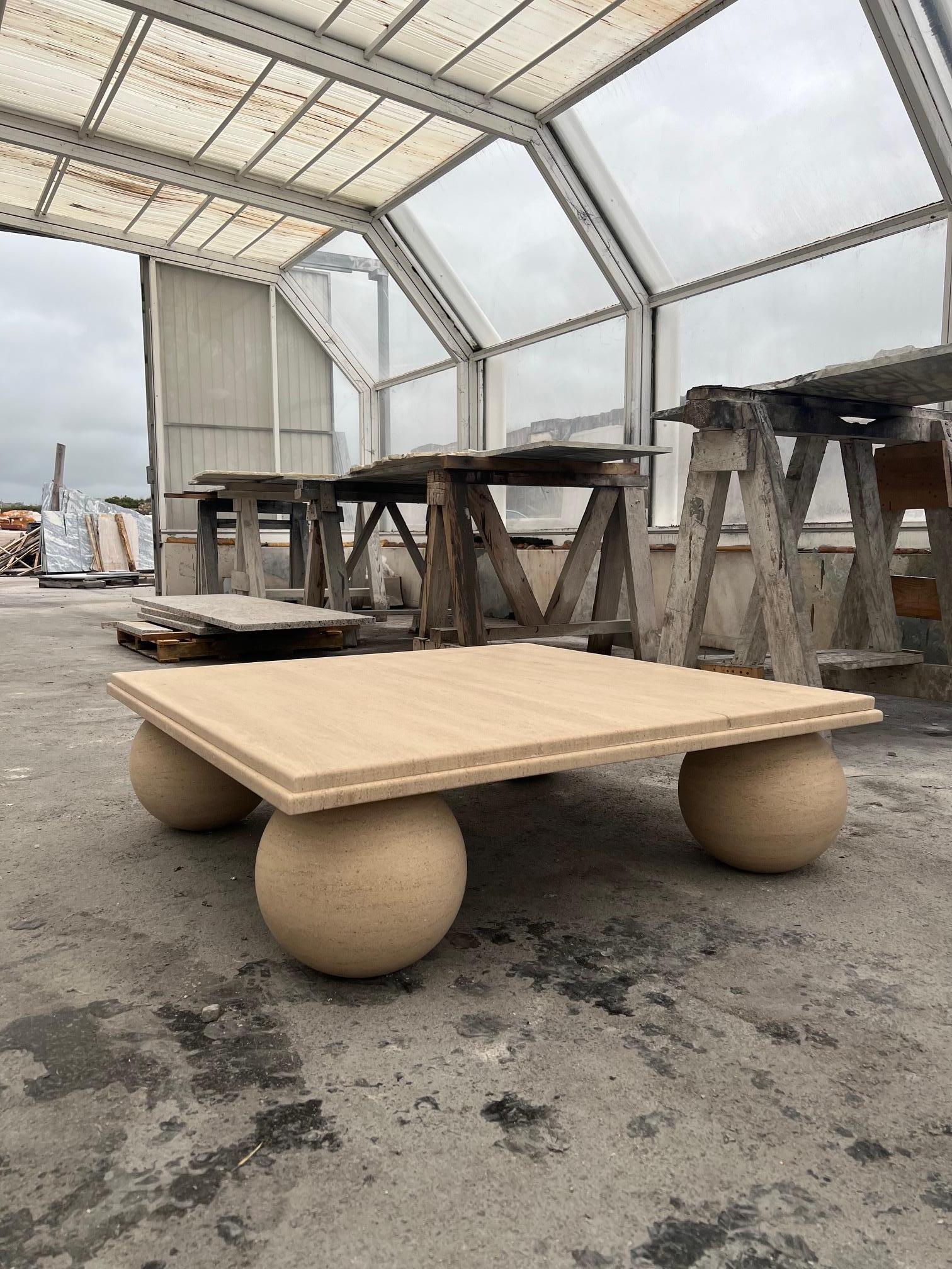Contemporary Square Stone Coffee Table with Ball Sphere Base in Cream Portuguese Travertine For Sale
