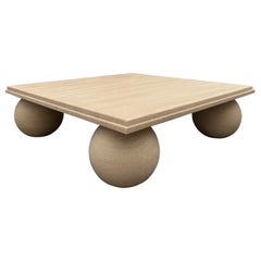 Square Stone Coffee Table with Ball Sphere Base in Cream Portuguese Travertine