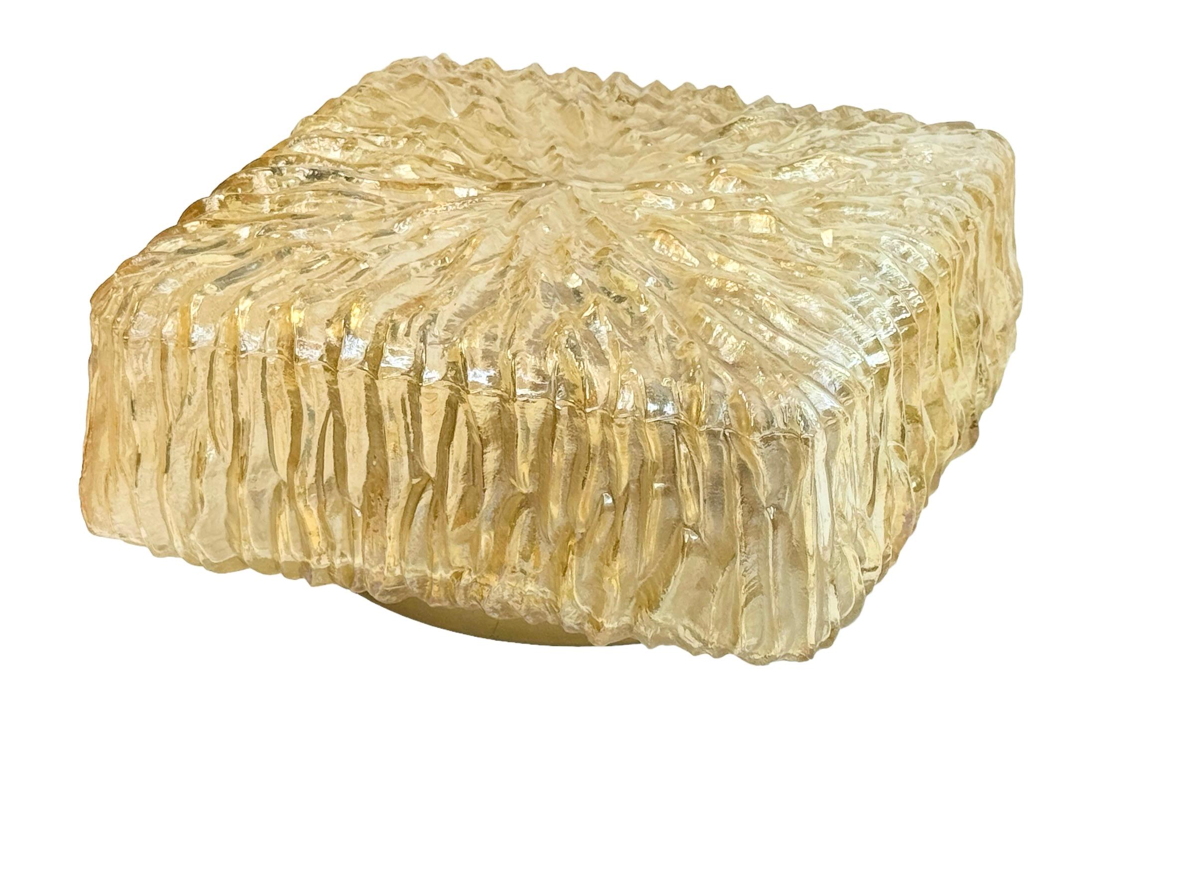 Mid-Century Modern Square Stone Rock Shape Smoked Glass Flush Mount, Vintage, 1960s For Sale