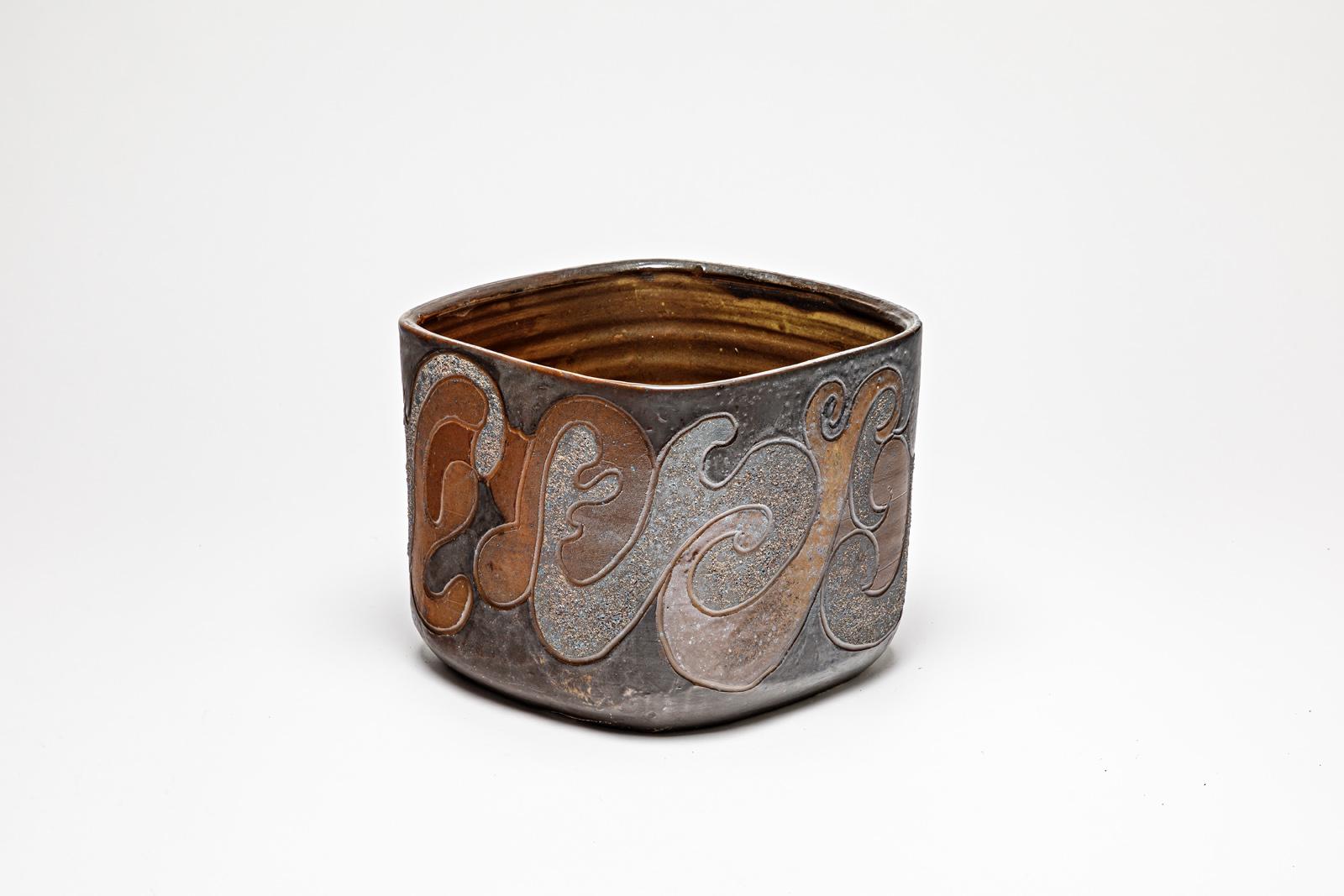 Beaux-Arts Pot carré en grès à décor abstrait de Georges Martin, vers 1970-1980 en vente