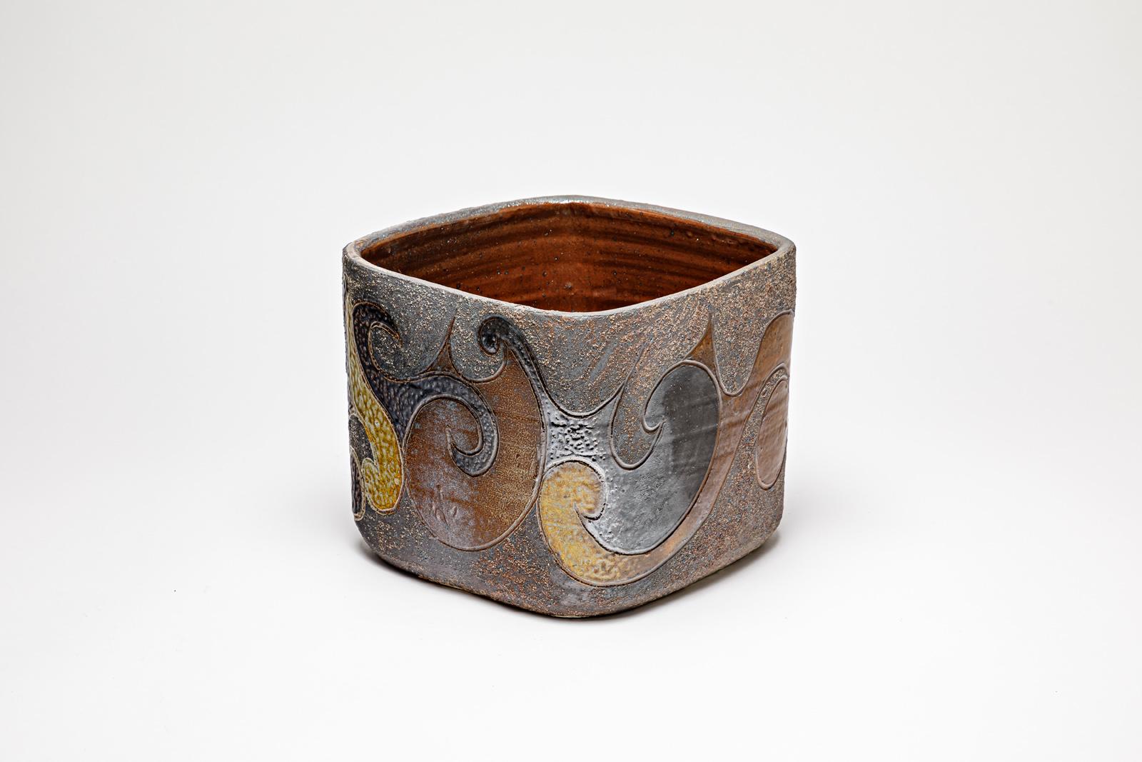 Beaux-Arts Pot carré en grès à décor abstrait de Georges Martin, vers 1970-1980 en vente