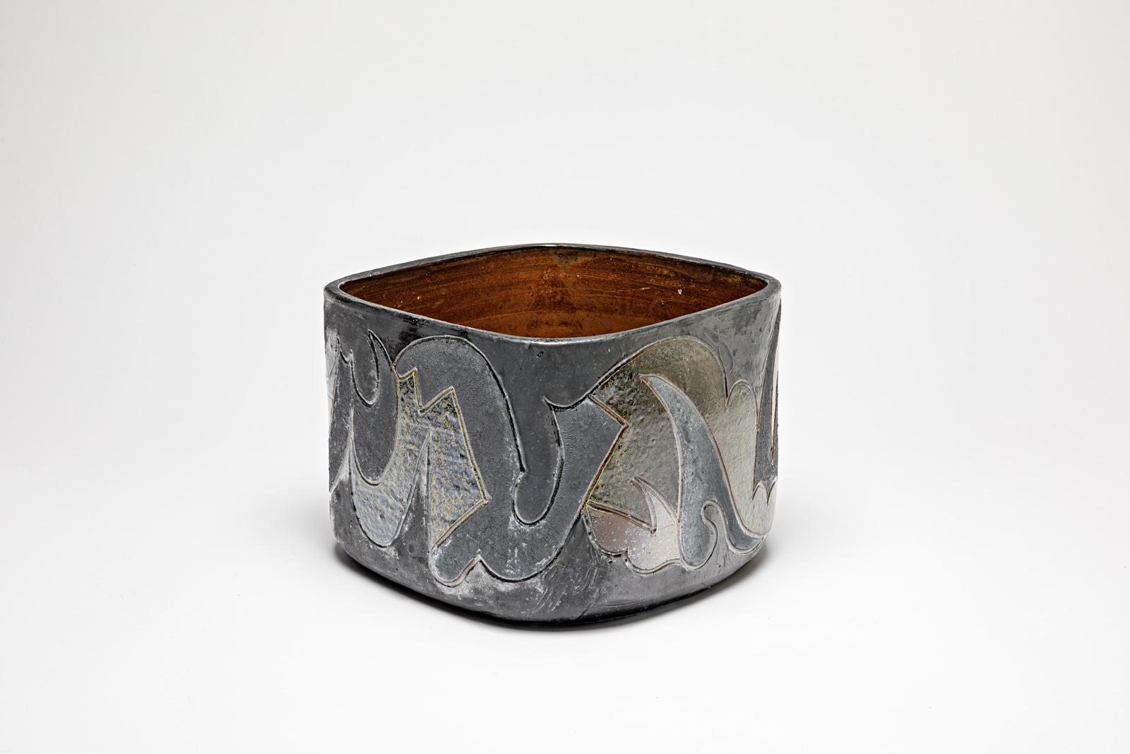 Beaux-Arts Pot carré en grès à décor abstrait de Georges Martin, vers 1970-1980 en vente