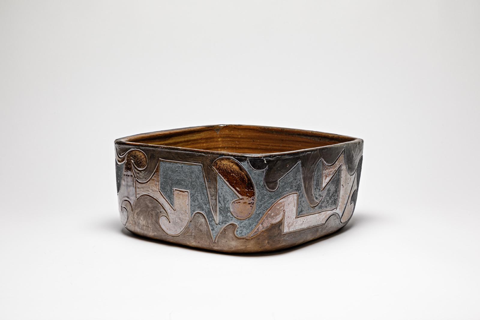Beaux-Arts Pot carré en grès à décor abstrait de Georges Martin, vers 1970-1980 en vente