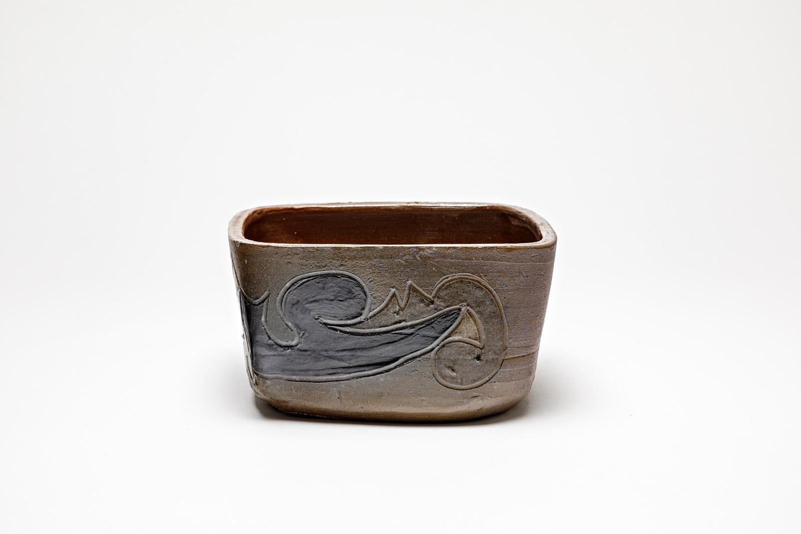 Français Pot carré en grès à décor abstrait de Georges Martin, vers 1970-1980 en vente