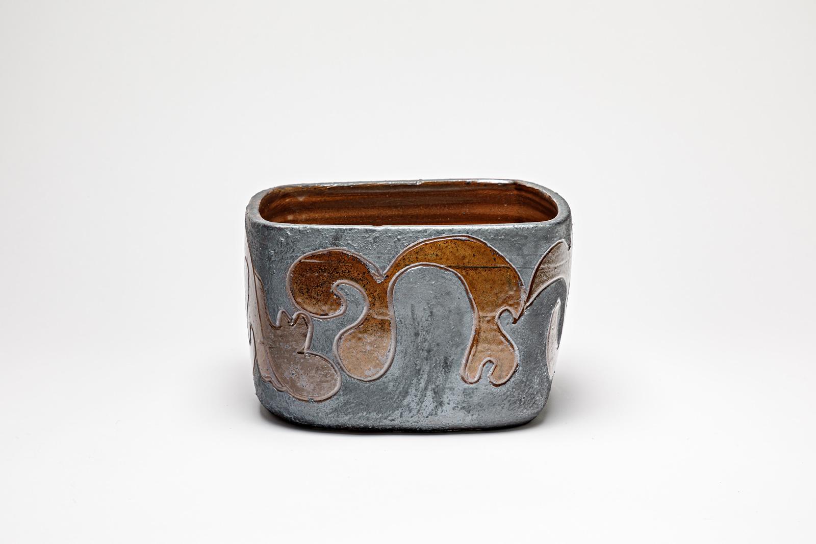 Français Pot carré en grès à décor abstrait de Georges Martin, vers 1970-1980 en vente