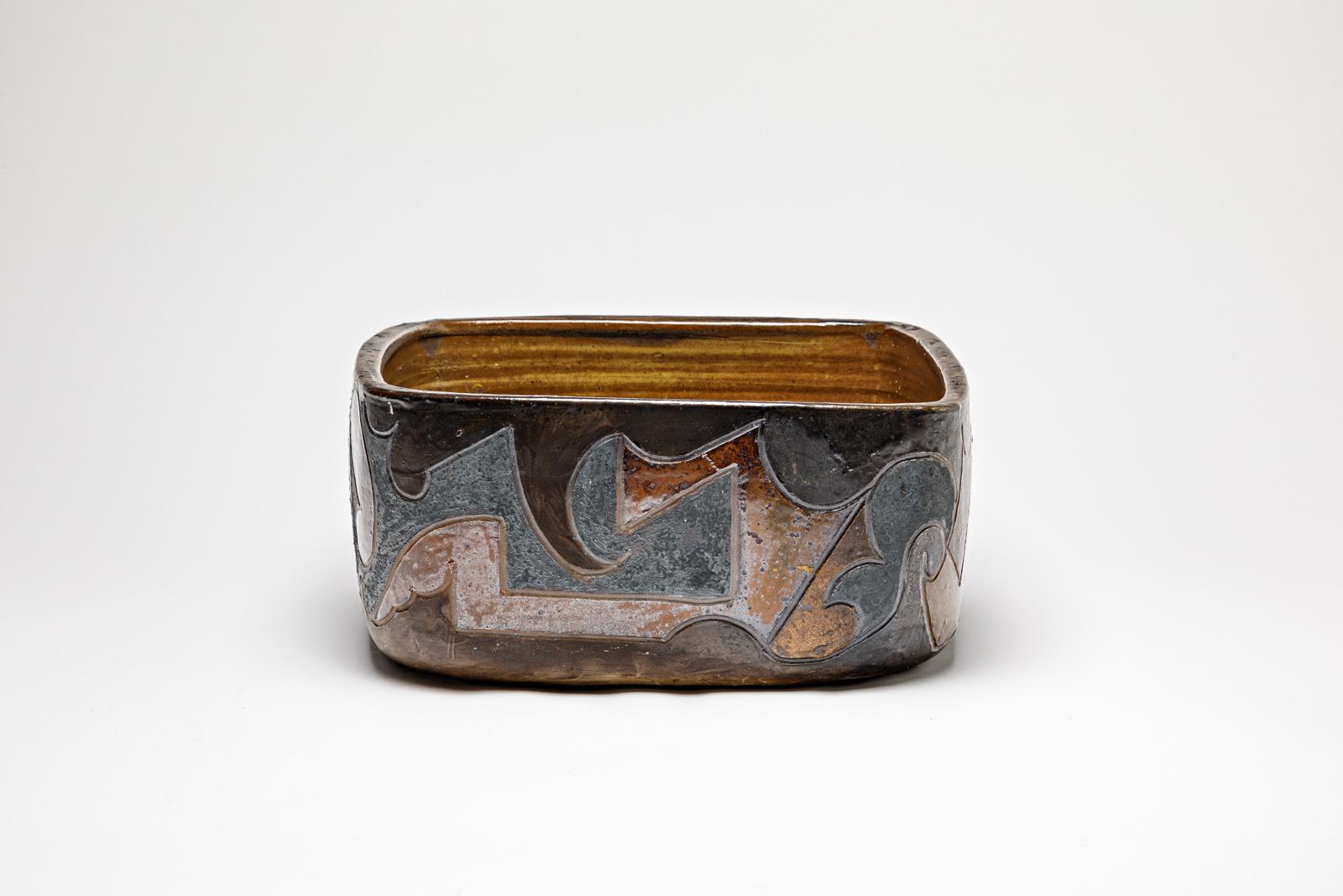 Français Pot carré en grès à décor abstrait de Georges Martin, vers 1970-1980 en vente