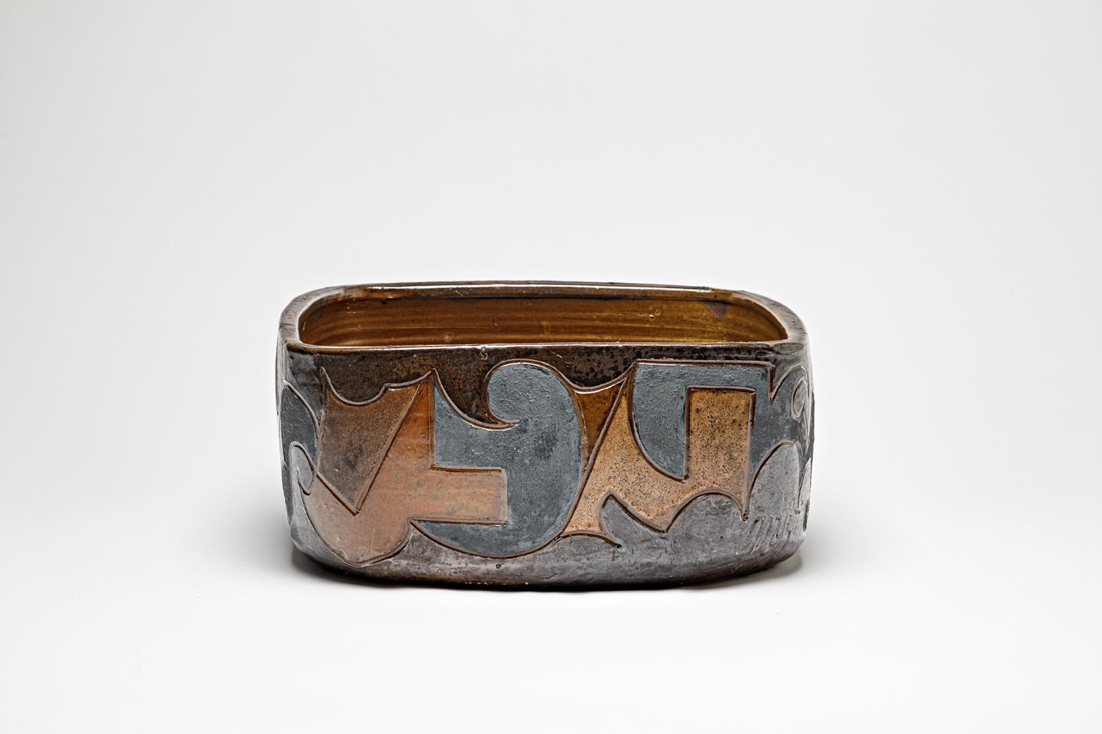Pot carré en grès à décor abstrait de Georges Martin, vers 1970-1980 Excellent état - En vente à Saint-Ouen, FR