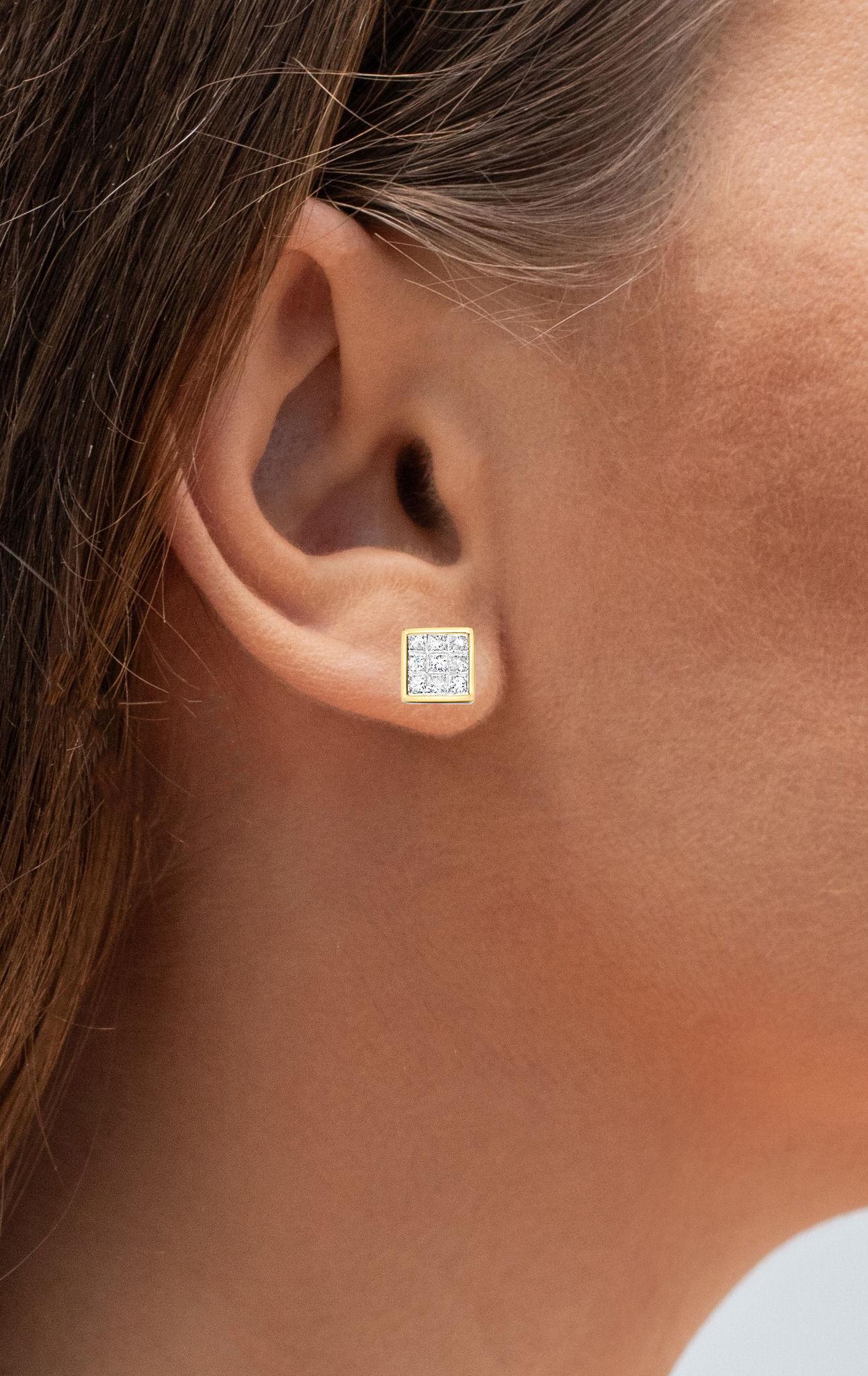 Contemporary Square Stud Earrings Illusion Set Diamonds Princess Cut 14K Yellow Gold For Sale